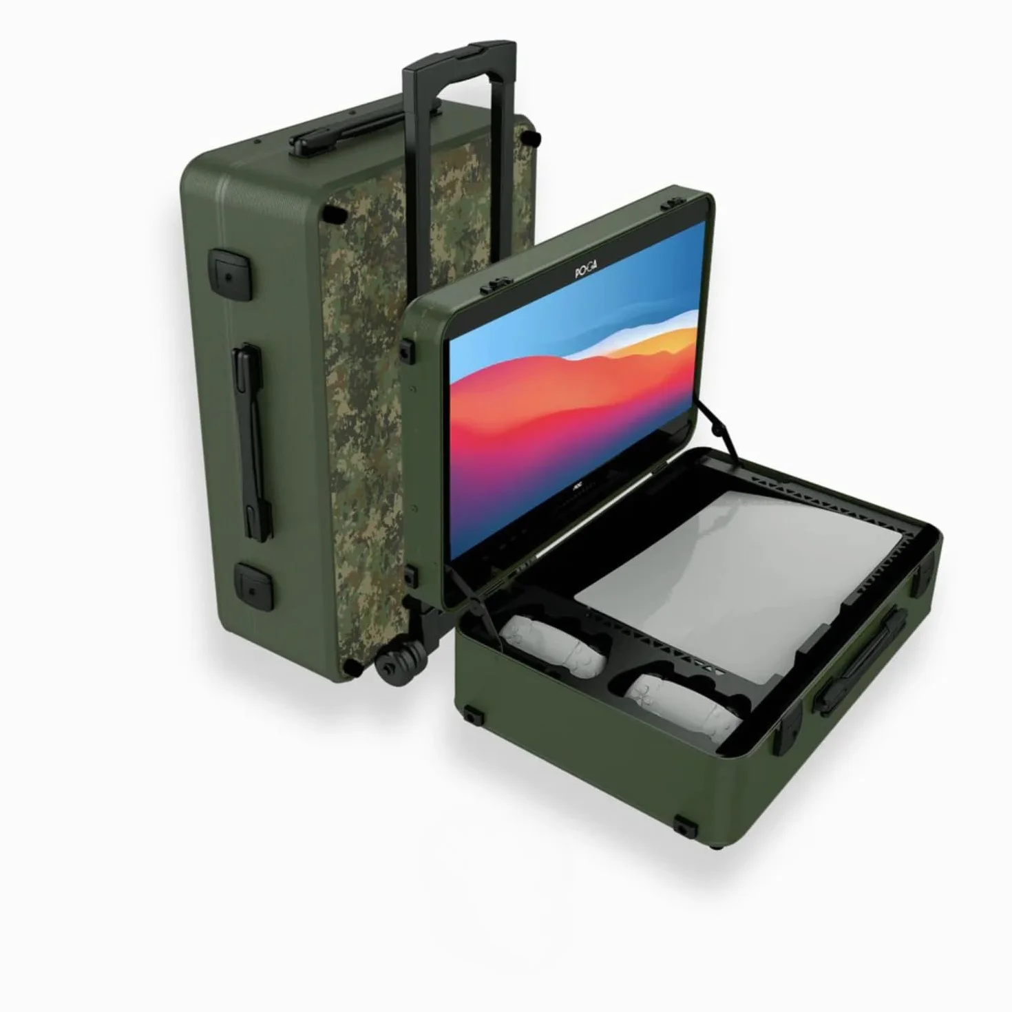POGA Lux Camouflage - Valigetta da gioco portatile (compatibile con PlayStation 5) con monitor da gioco AOC integrato da 24", design trolley e valigetta da viaggio, mimetico