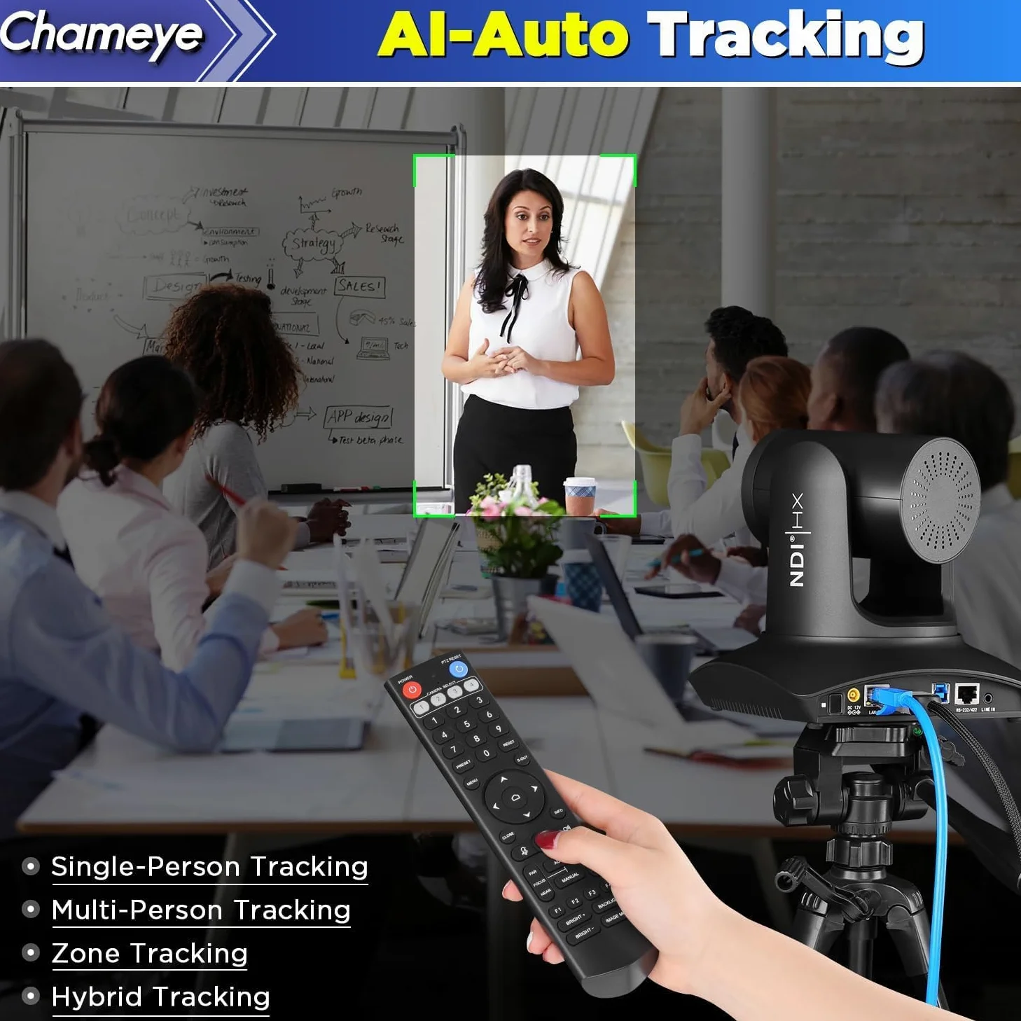 Chameye Telecamera PTZ 4K con NDI, Tracciamento AI-Automatico, Zoom Ottico 20X (Zoom ibrido 30x), Certificazione NDI HX, HDMI/USB 3.0/LAN, per Chiesa, Culto, Istruzione, Conferenze, Nero (C420T)