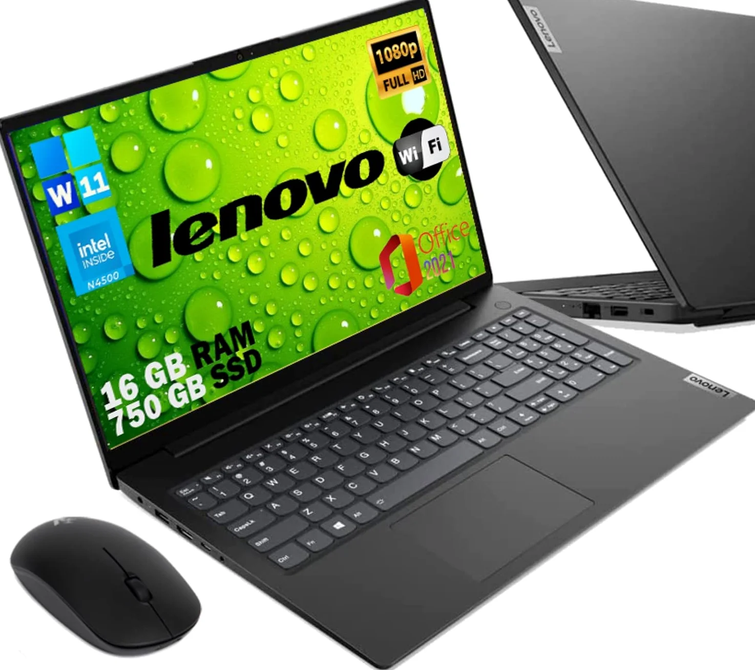 Lenovo, Pc portatile notebook pronto all'uso, Display FHD da 15,6", cpu N4500, ram 16Gb, ssd Nvme 500Gb, win 11 pro, Mouse Wifi