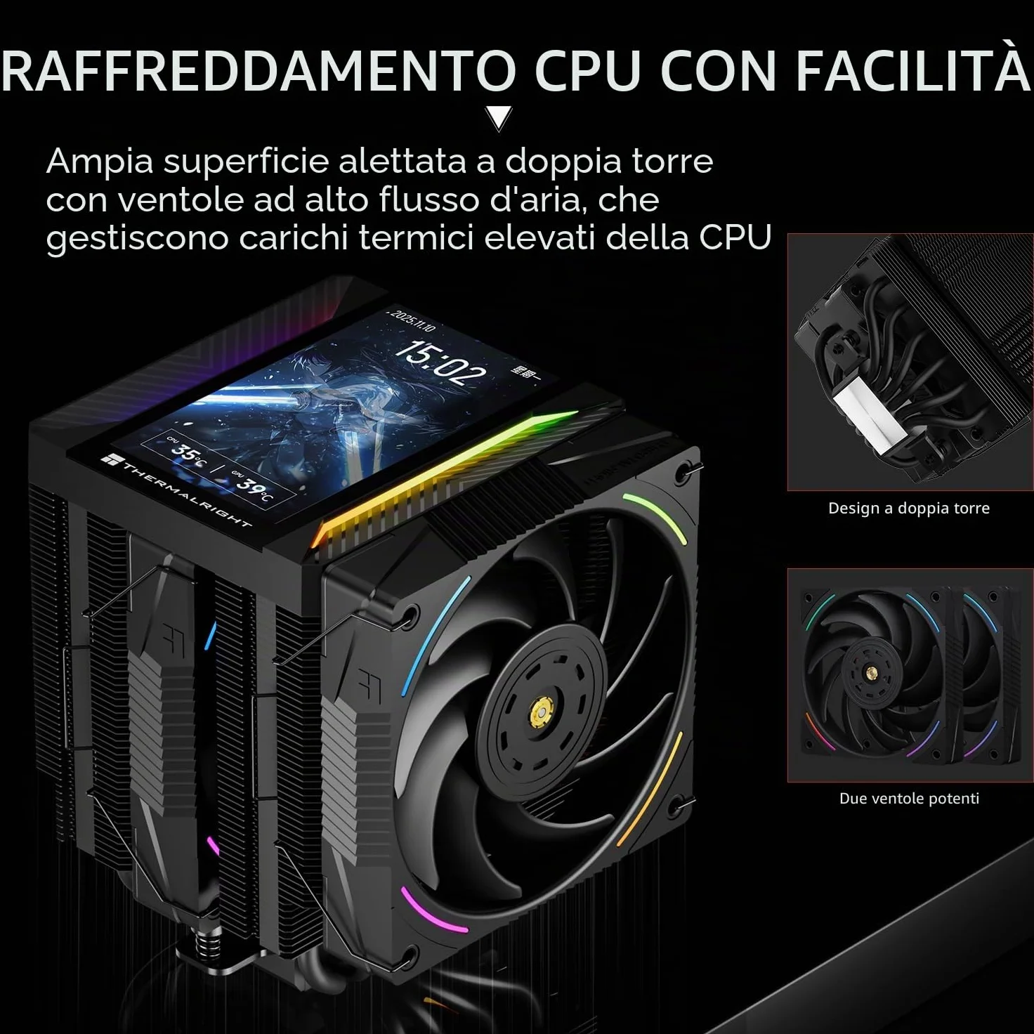 TR Peerless Assassin 120 VISION MAX ARGB Black CPU, raffreddatore PC con 2 ventole TL-K12 PWM, display magnetico da 5" (risoluzione 480 x 854) per LGA1851/1700 & AM5