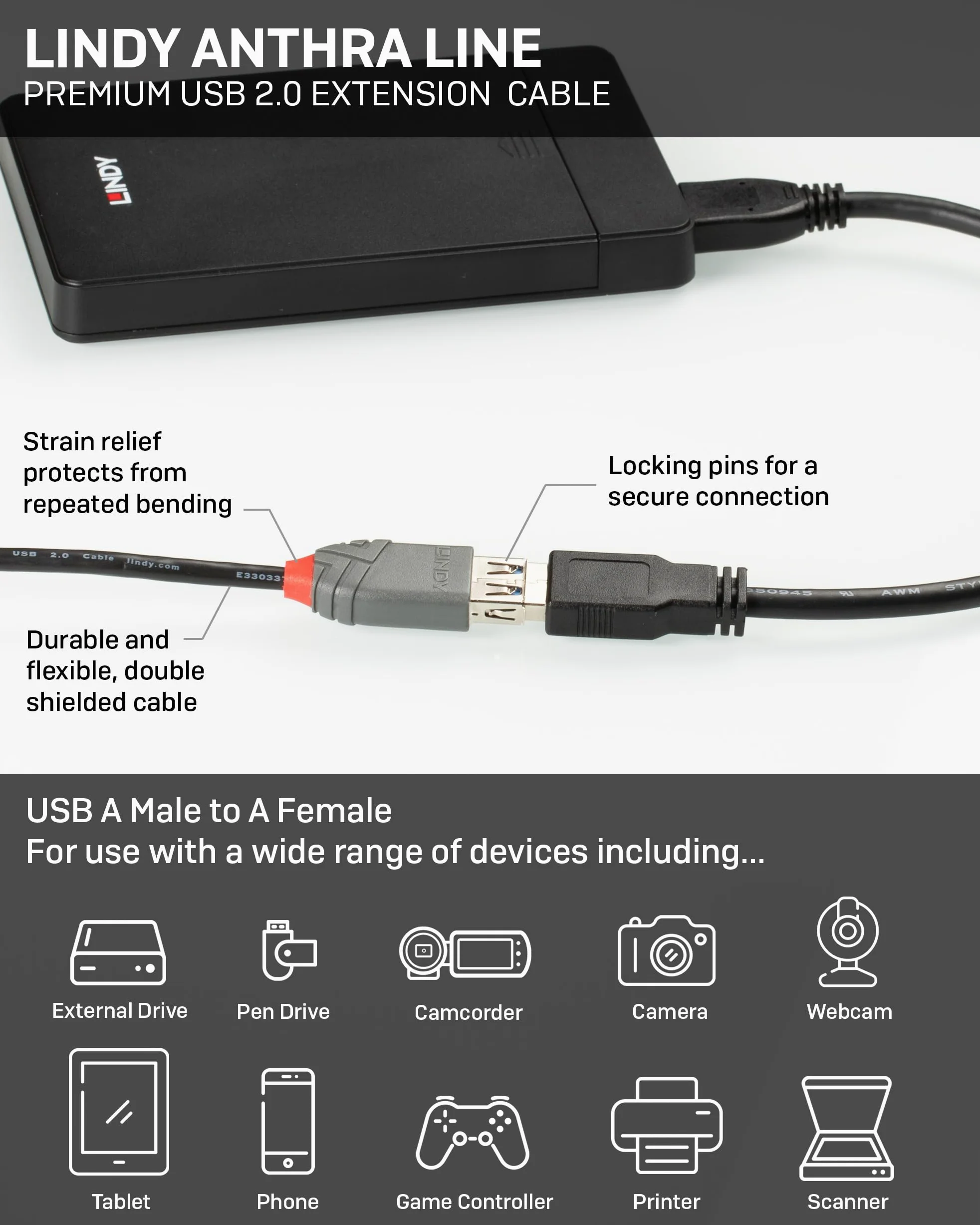 Lindy - Cavo Prolunga USB 2.0 Anthra Line 3 Metri, Connettore USB Tipo A Maschio a Femmina, velocità di Trasferimento Dati Speed Fino a 480Mbps per Tastiera, Stampante, Fotocamera, Hard Disk