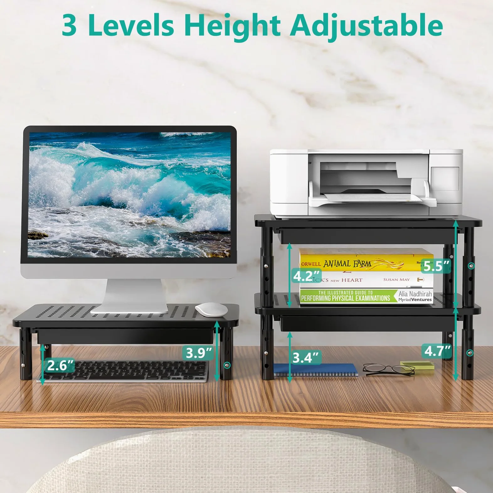 WALI Supporto per monitor del computer con contenitore, regolabile in altezza a 3 livelli, per laptop con prese d'aria, organizer da scrivania per computer, laptop, stampanti, notebook (STT003D-B),