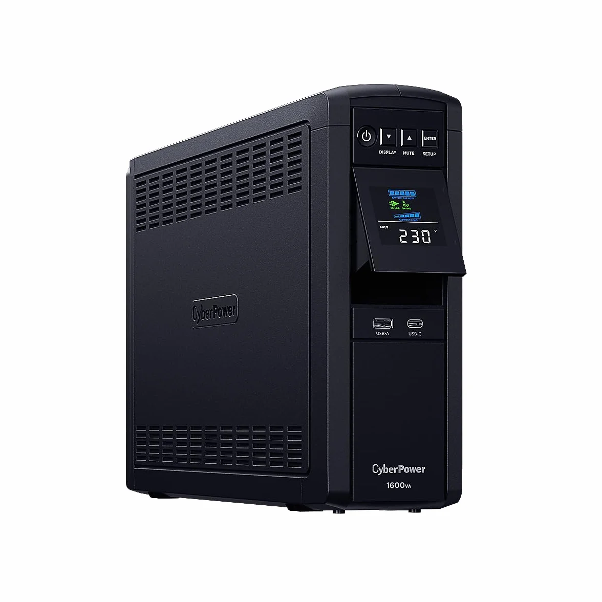 CyberPower CP1600EPFCLCD Line-Interactive UPS 1600VA/1000W Onda sinusoidale pura, AVR, LCD, USB (HID), DB9, RJ45 Lan Protection, 6x Schuko, porta per comunicazione di rete, caricatore USB A+C