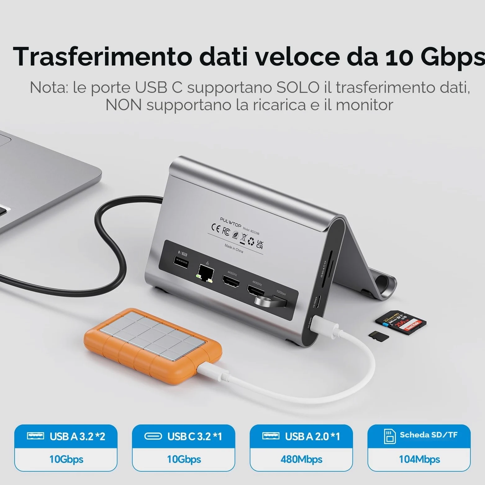 MacBook Docking Station Dual Monitor 4K@60 Hz per MacBook Pro/Air M3 Pro/M4/M5 Pro/Max, Docking Station USB C per laptop con 2 HDMI, PD, Ethernet, USB A/C 10 Gbps, audio, SD/TF, USB 2.0