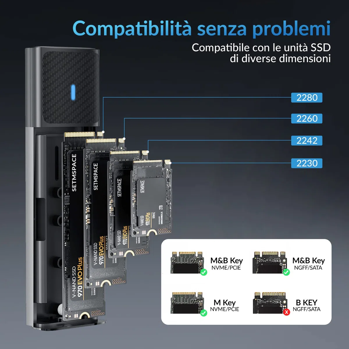 Case SSD M2 [NVME & SATA], Enclosure SSD M2 NVMe USB C 3.1 Gen2 10Gbps, SETMSPACE Adattatore SSD M2 NVMe USB Compatibile con 2230/2242/2260/2280 M.2 NVME+NGFF SSD, Senza attrezzi
