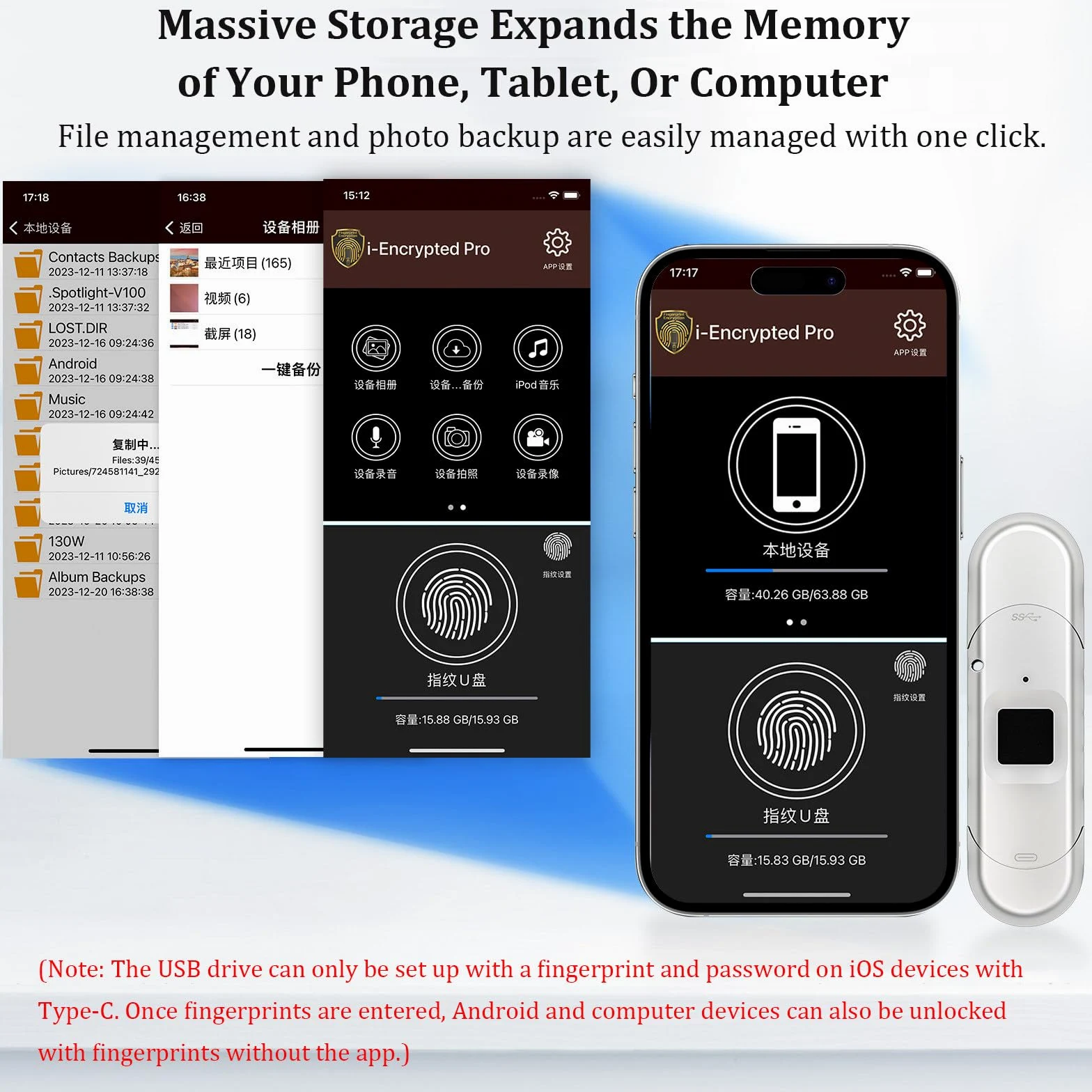 Chiavetta USB 3.0 Con Impronta Digitale, Unità USB Da 64 Gb/128 Gb/256 Gb/512 Gb per iPhone 15/iPad/Android/Windows/Mac, Memory Stick Con 60 Id Di Impronte Digitali Consentiti 64GB