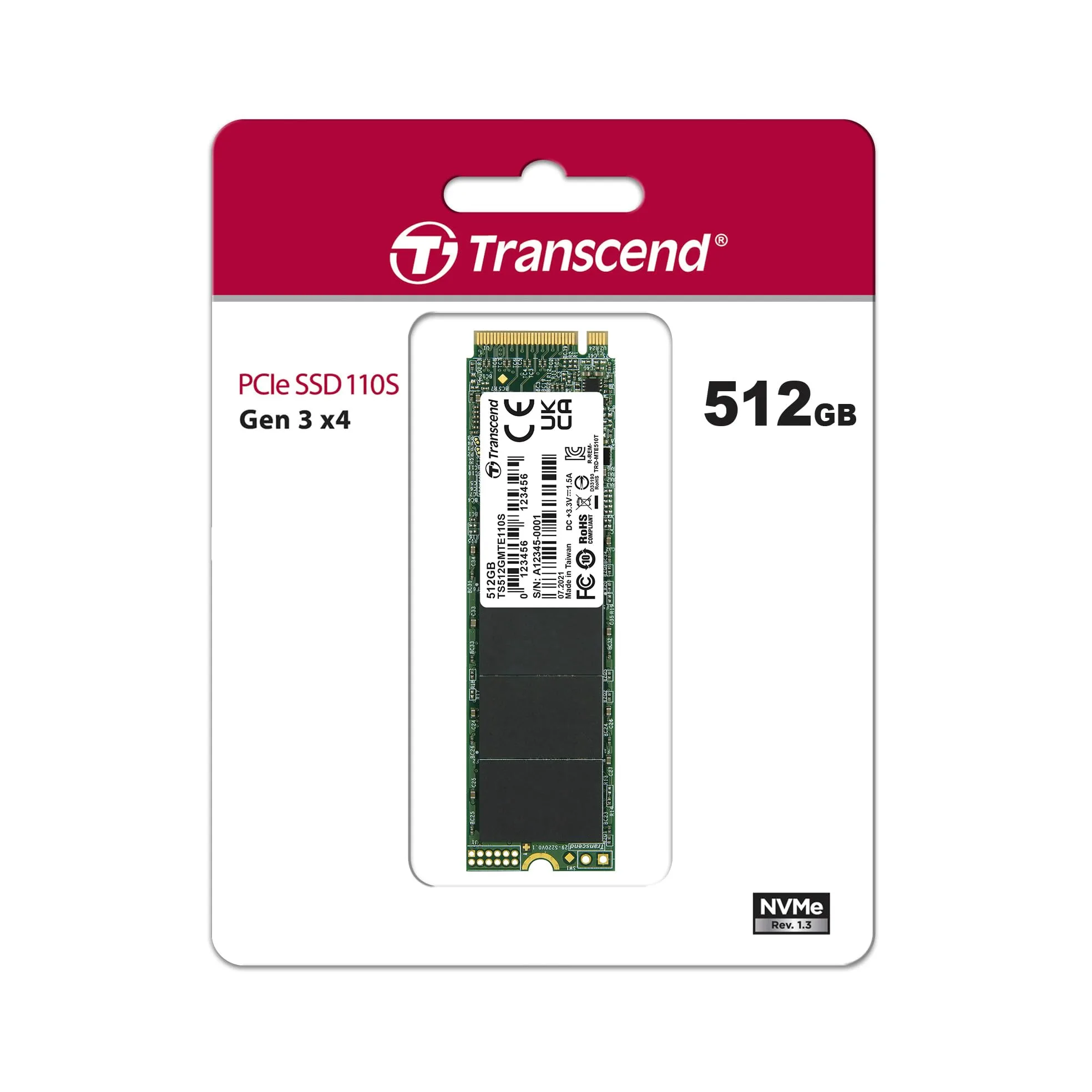 Transcend SSD interno MTE110S NVMe PCIe Gen3 x4 M.2 2280 da 512 GB, memoria 3D TLC NAND - TS512GMTE110S