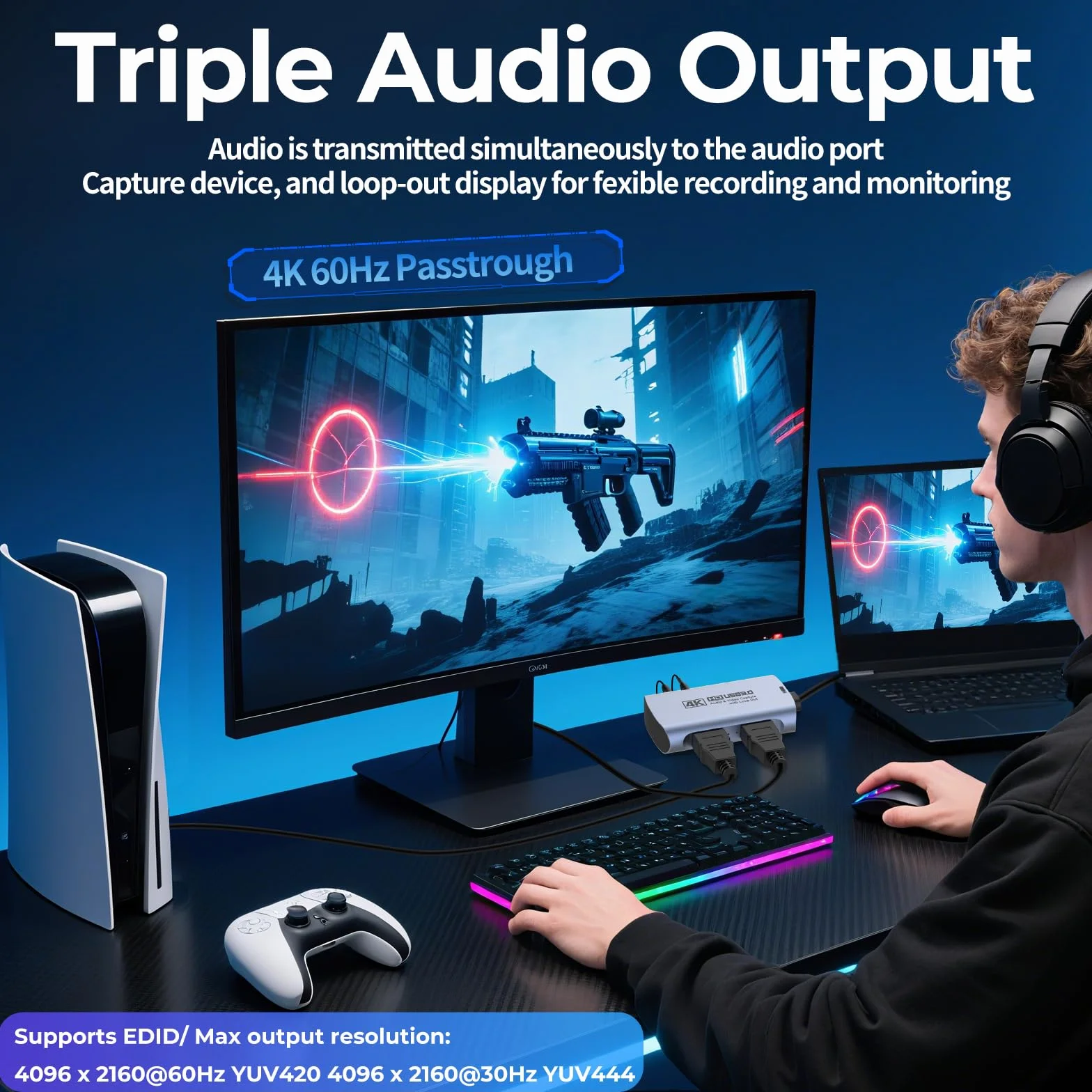 Guermok 4K 60FPS & 1080P 240FPS HDMI Capture Card for Streaming, USB 3.0 to USB-C/A, 4K60 Passthrough, 3.5mm Audio in and Mic Out, Works with Switch 2/1, PS, Quest 3, Pad, Mac, PC