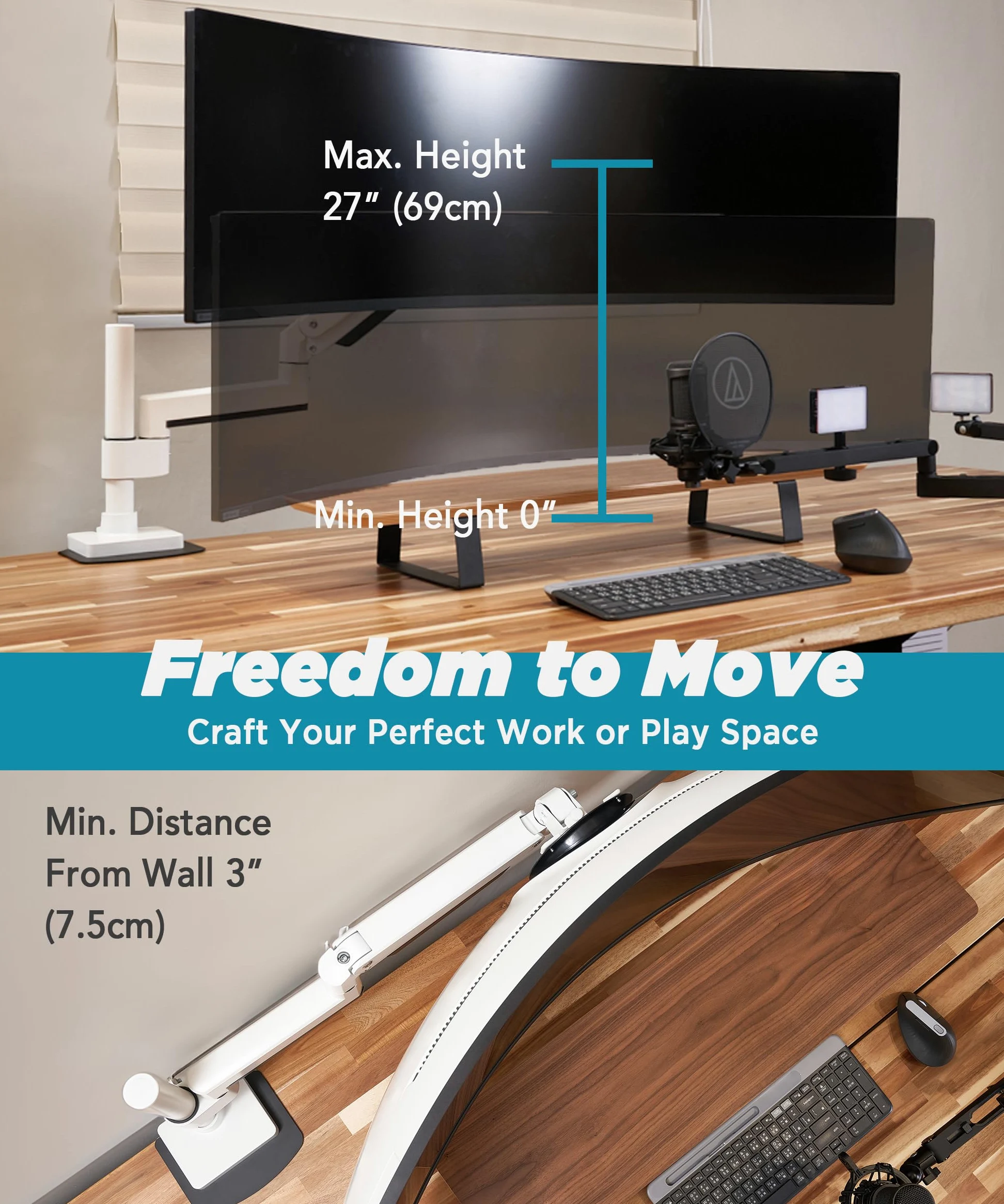ULTRARM Braccio Heavy Duty per Monitor 57” – Regolabile in Altezza con Molla Pneumatica, Supporto da Scrivania VESA 75x75/100x100, Fino a 20 kg, Bianco, MA20PW-S