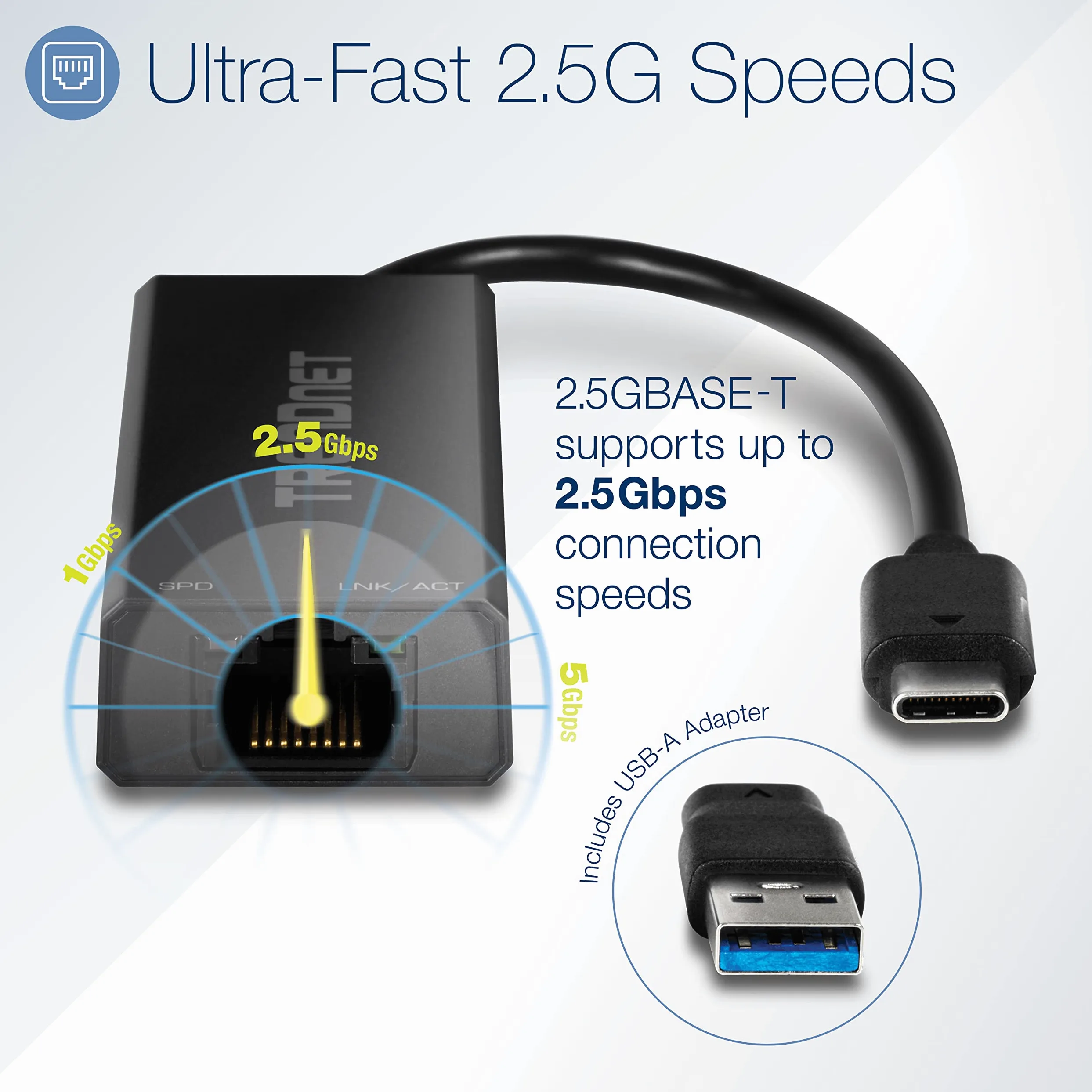 TRENDnet, TUC-ET2G, Adattatore Ethernet da USB-C a RJ-45 2.5G, adattatore 2 in 1 compatibile con USB-C/Thunderbolt 3 o USB 3.1, nero