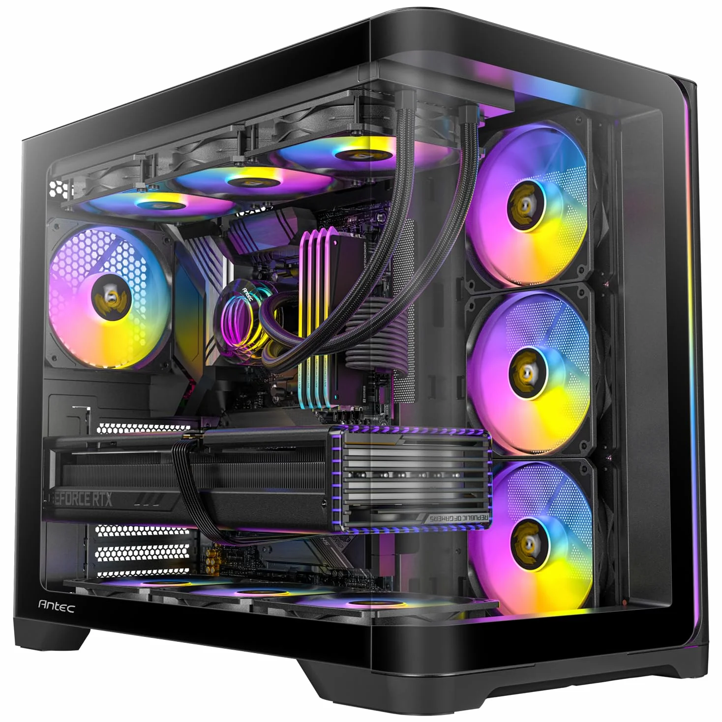 Antec C5 Curve ARGB, 4 ventole ARGB PWM da 120 mm incluse, fino a 10 ventole contemporaneamente, porta Type-C 3.2 Gen 2, pannelli frontali e laterali in vetro temperato curvo, supporto radiatore 360