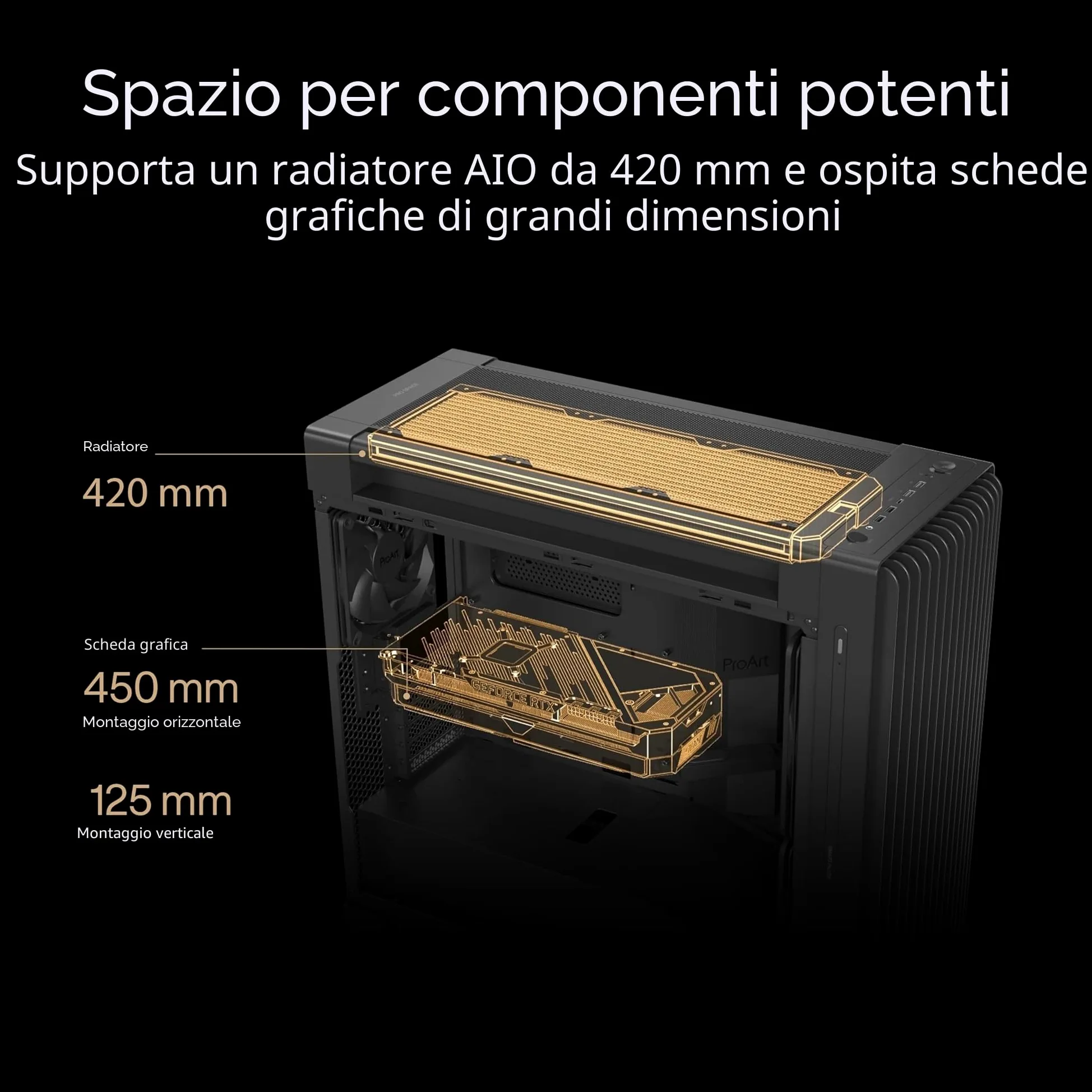 ASUS PROART PA602 TG PWM BLACK Case Gaming E-ATX, Chassis in Vetro Temperato, Supporto per Dissipatore da 420 mm, Ventole da 140 mm e 200 mm, Rilevatore di Polvere IR, Presa d’aria Laterale, Nero
