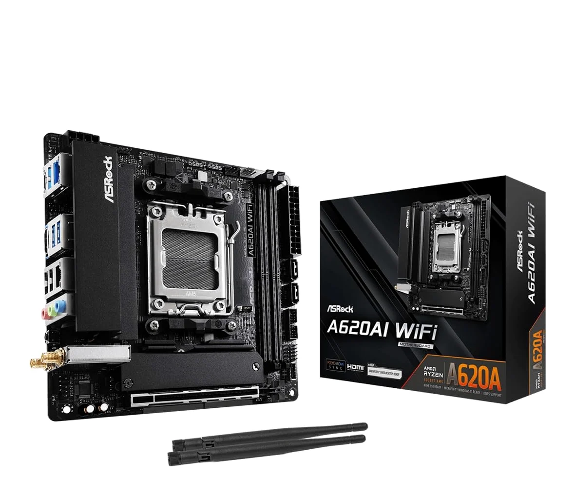 Asrock A620AI WiFi AMD A620A Socket AM5 mini ITX (ASRock A620AI WIFI AMD AM5 Socket Motherboard, Mini-ITX, 2x DDR5 Slots, 2x M.2 Socket, 2.5GbE LAN, Wi-Fi 6E, 1x HDMI Port)