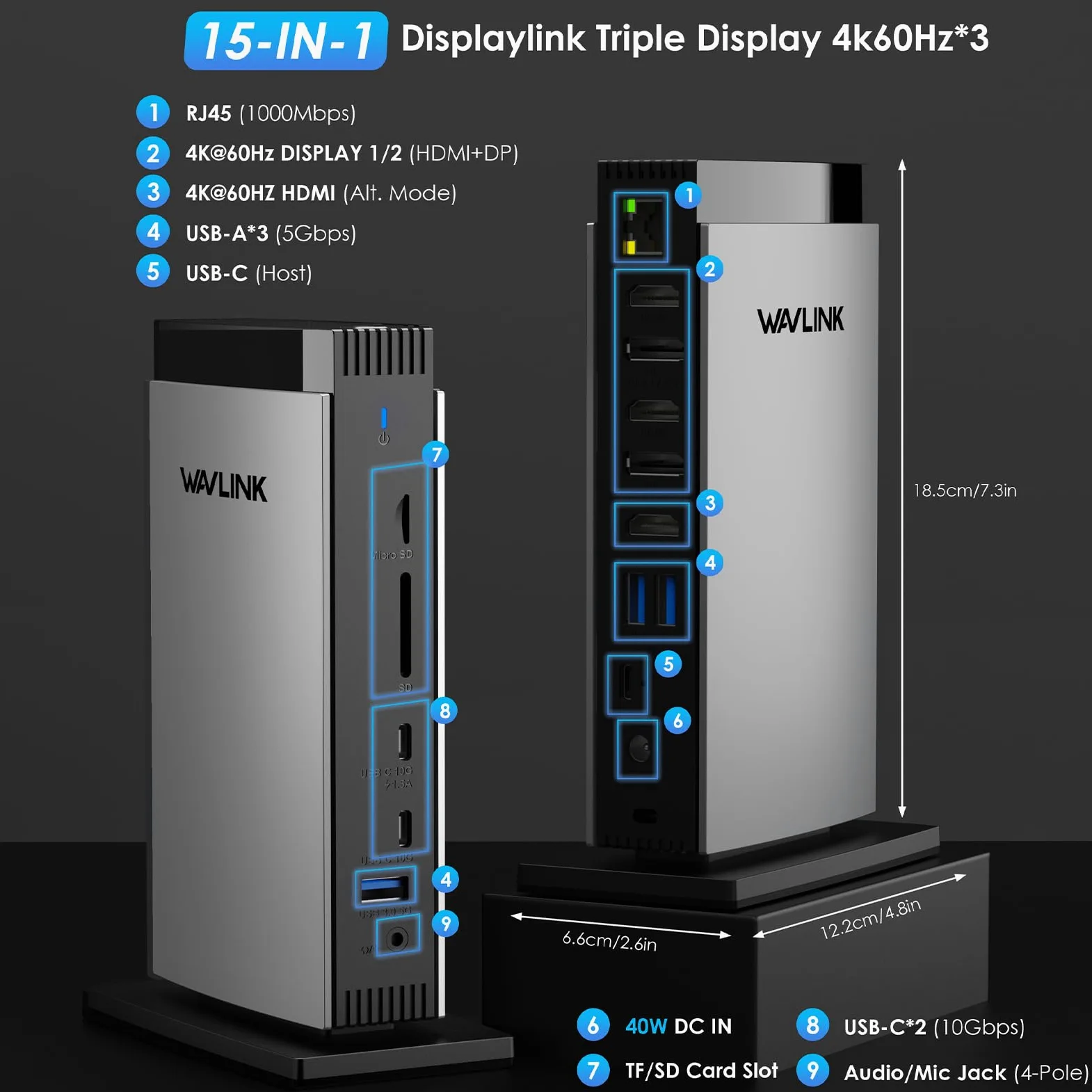 WAVLINK USB C Laptop Docking Station 3 HDMI, DisplayLink Triple 4K60Hz, Triplo Display per M1 M2 M3 M4 M5 Mac/Windows, 5 Porte USB, 2DP, Compatibile con MacBook Neo(Nessuna ricarica del laptop)