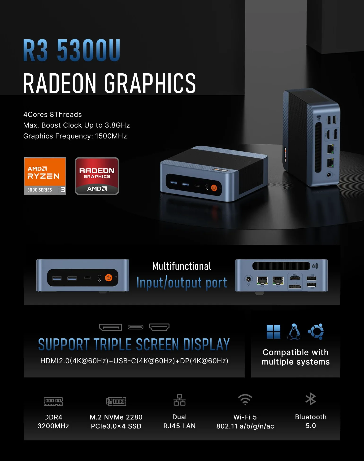 BOSGAME E5 Mini PC per casa e ufficio, Ryzen 5300U (supera 4300U, fino a 3,8 GHz), 16 GB RAM DDR4, SSD NVMe da 1 TB, mini desktop PC, triplo display 4K, doppia LAN 2,5G, WiFi 5, BT5.0, mini computer