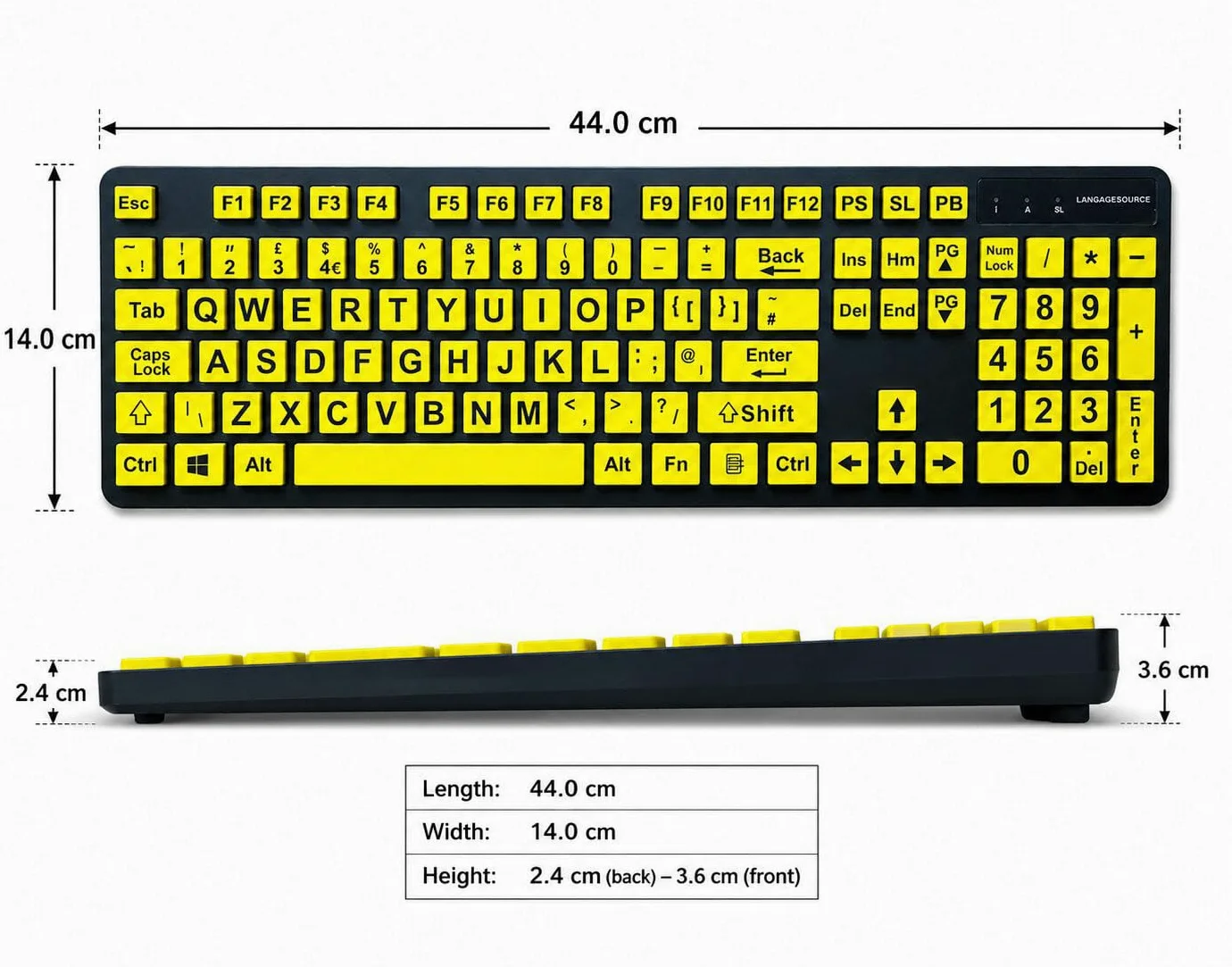 Grande tastiera di stampa, layout inglese in lingua inglese, tastiere USB cablate per computer tasti gialli per ipovedenti e ipovedenti.