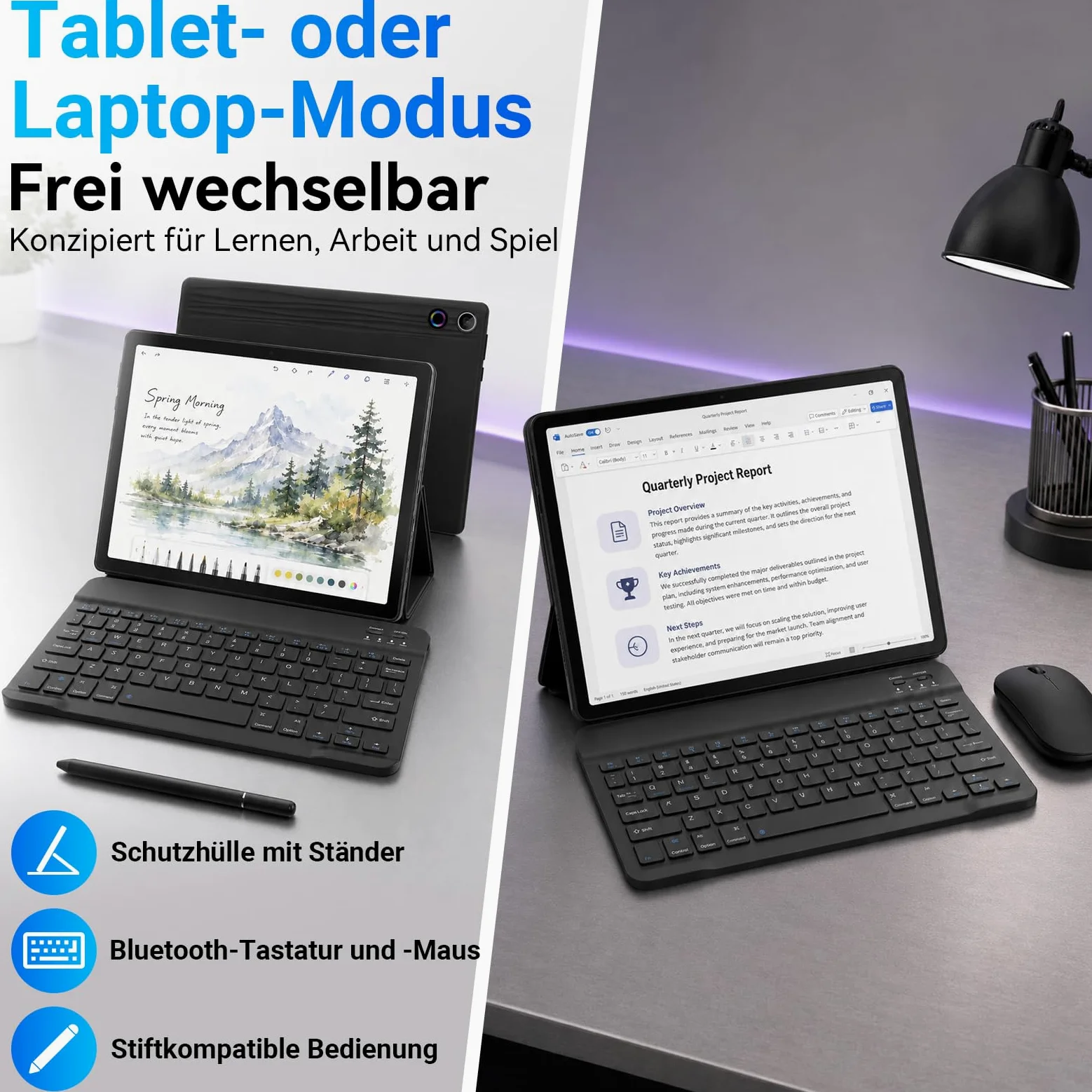 Tablet 10 Pollici Android 16 Tablets PC con Custodia Tastiera Mouse Penna Cuffie Alimentatore Cavo 20 GB RAM 64 GB ROM IPS1280x800 Doppia Fotocamera 5MP+8MP 5000 mAh WiFi 6 BT 5.4 (Nero)