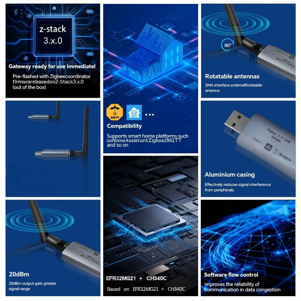 Zigbee 3.0 USB Dongle, Zigbee Gateway con chip EFR32MG21 e antenna esterna SMA, hub USB Zigbee universale, coordinatore per Home Assistant, Zigbee2MQTT, OpenHAB, Plug & Play