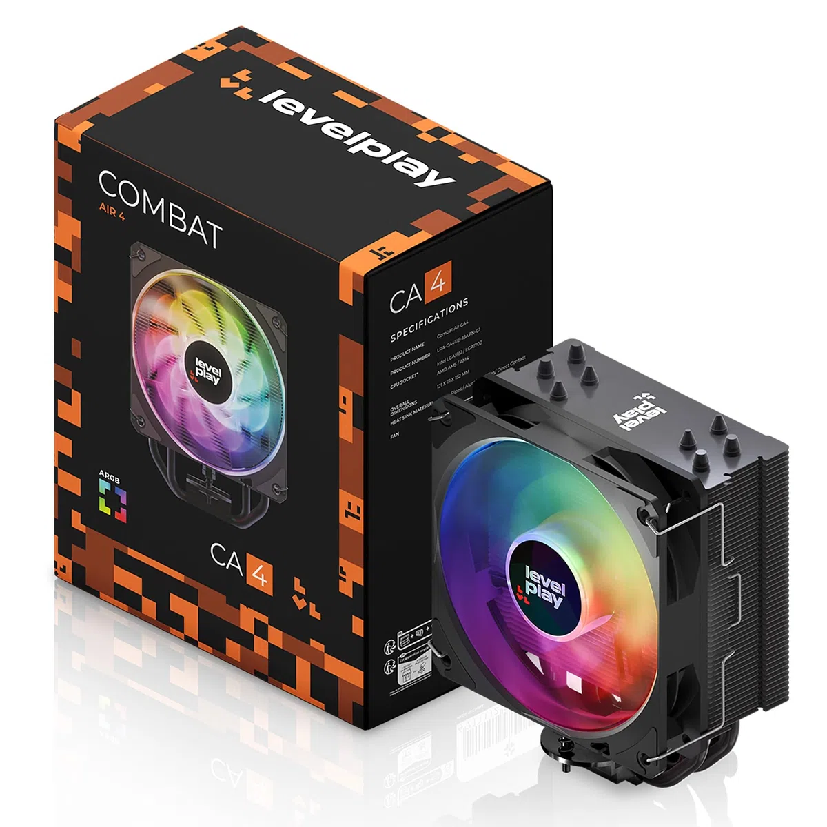 Levelplay Combat CA4 Dissipatore d'aria - TDP 200W, 4 Tubi Calore, Dissipatore di Calore Compatto, Ventola ARGB Gen 2 CF120 120mm (PWM), Aggiornabile Push-Pull, Compatibile con CPU AMD e Intel - Nero