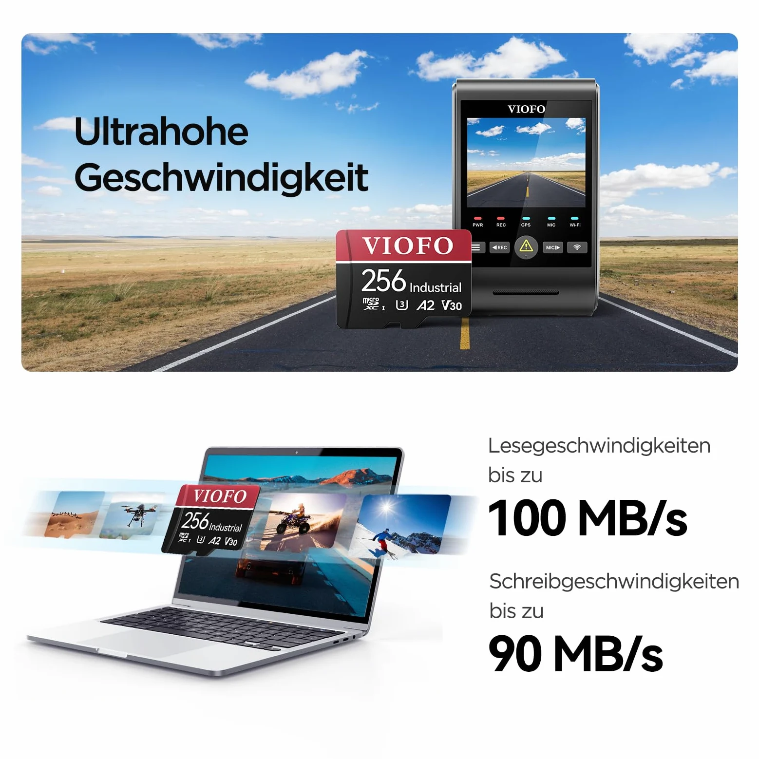 VIOFO Scheda di memoria da 256 GB, alta velocità con adattatore U3, compatibile con 4 K WiFi Dashcam Auto Camera