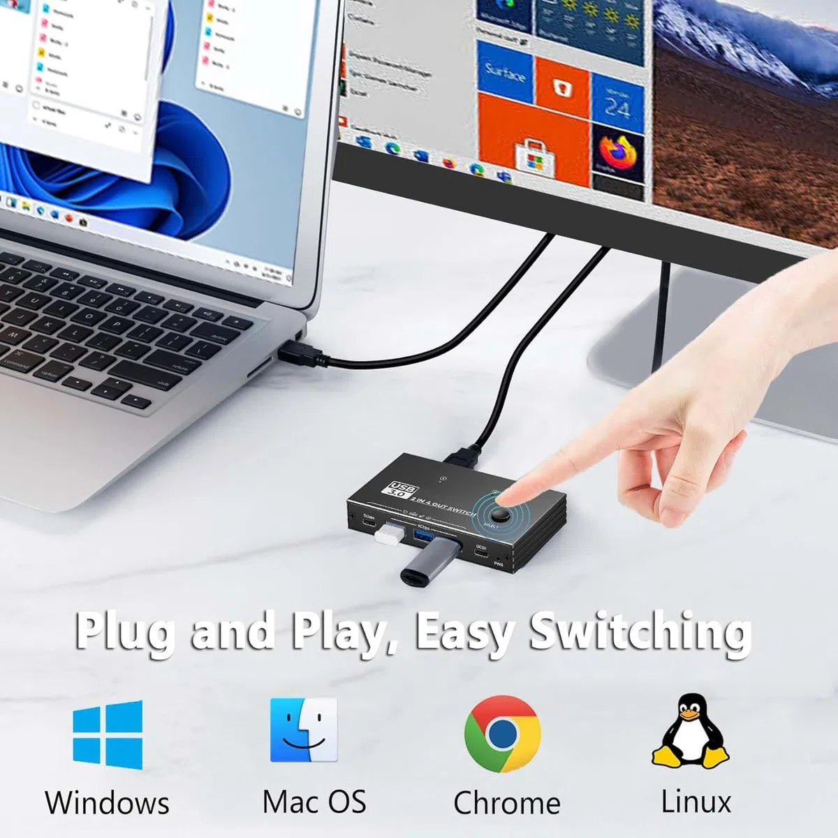 Commutatore USB Switch 3.0 per 2 PC Condividi Tastiera Mouse Stampante Scanner tra 2 Computer Compatibile con Windows Mac Linux Include 3 Cavi