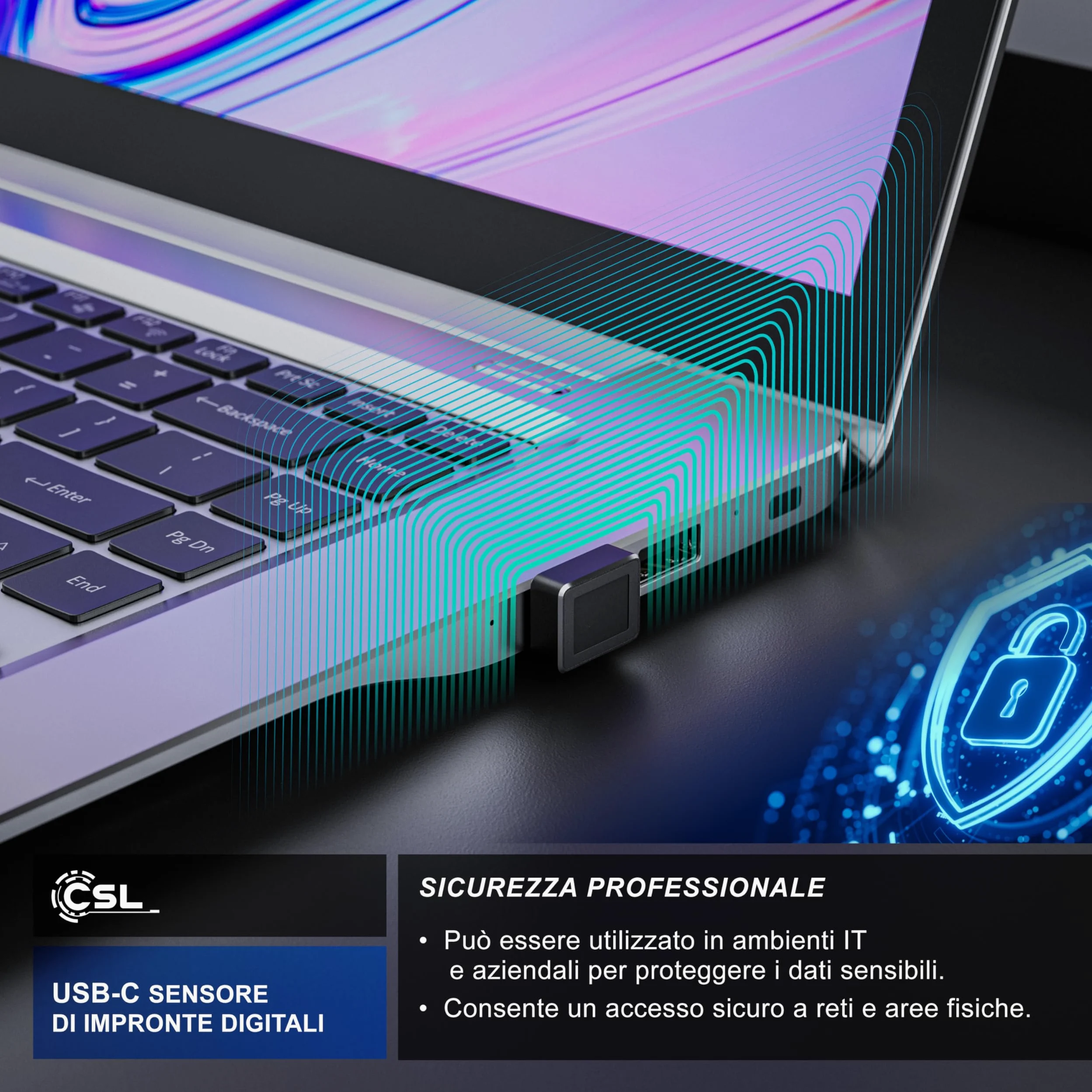 CSL - Chiavetta USB-C con Lettore di Impronte Digitali, Lettore di Impronte digitali USB per Windows10/11, Supporta Fino a 10 ID, Plug & Play, Riconoscimento a 360°, Accesso Biometrico per Laptop