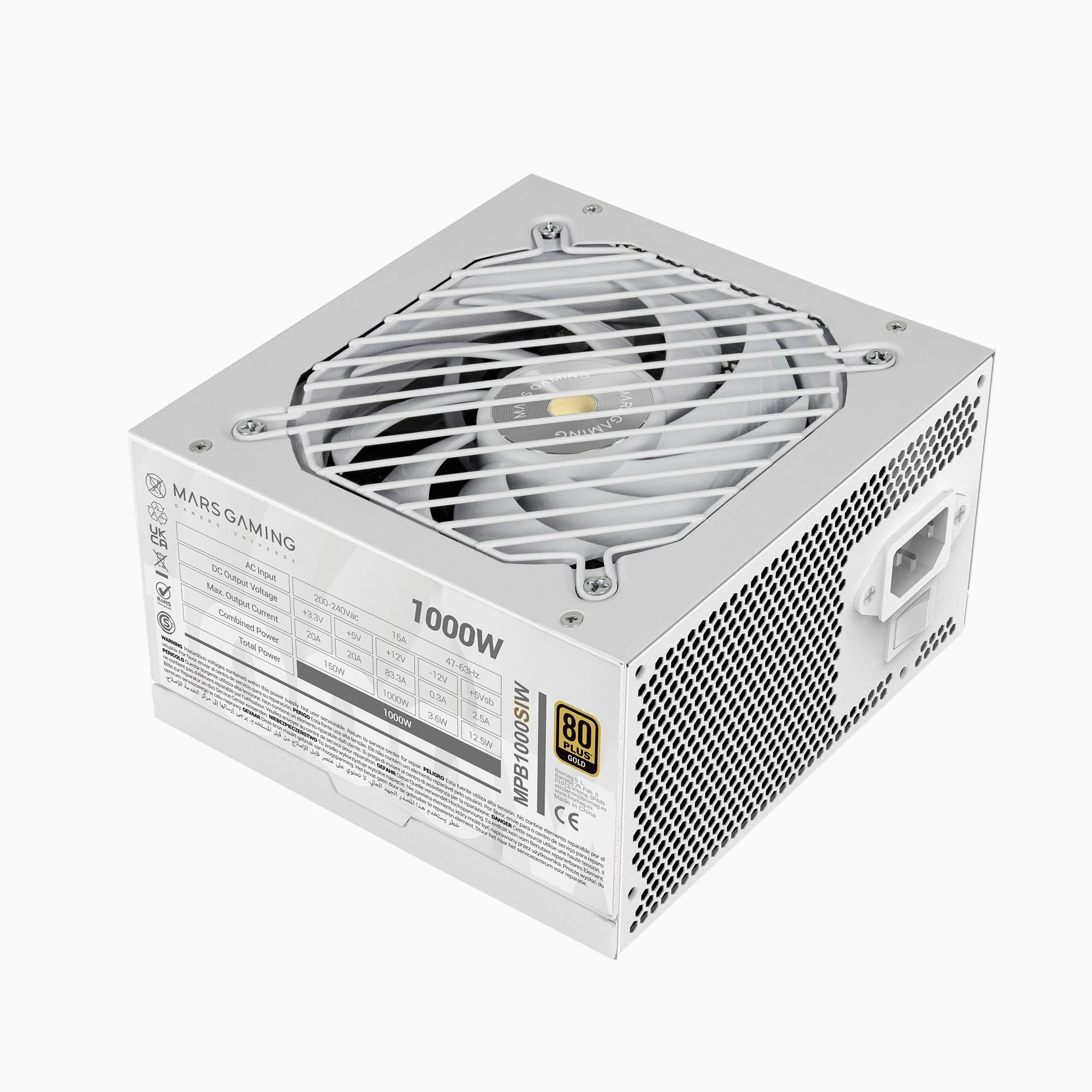 Mars Gaming MPB1000SI, Alimentatore PC ATX 1000W, 7 Anni di Garanzia, 80Plus Gold 90%, Ventola SI Extreme Silence con Nucleo in Rame e Alluminio, Tecnologie AI2-RPM, DC-DC e SMD, Bianco