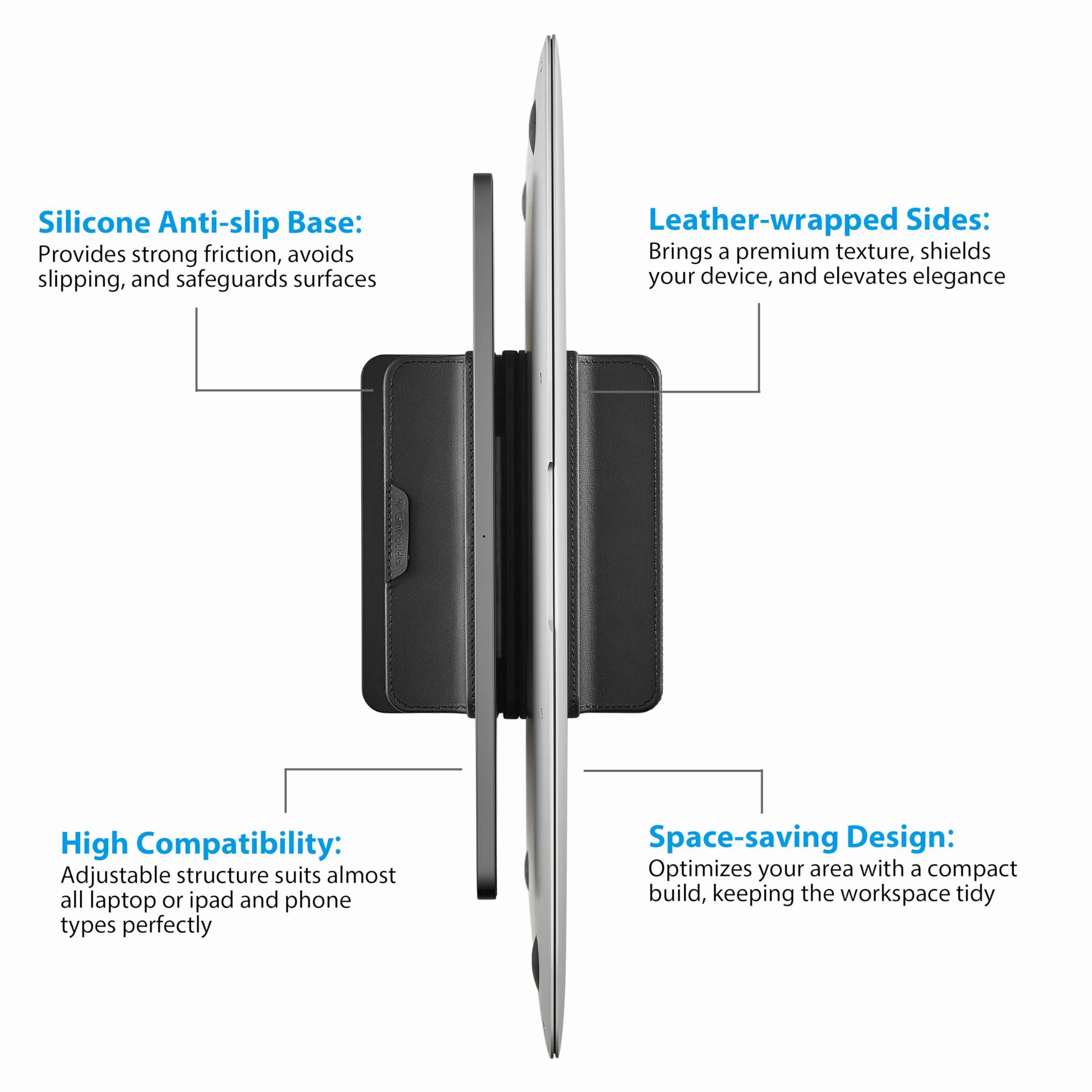 Supporto verticale doppio per laptop, 3 in 1, supporto verticale da scrivania con dock regolabile (fino a 43,3 cm), organizer da scrivania in pelle per telefono, tablet, MacBook, HP, Dell, Chrome Book