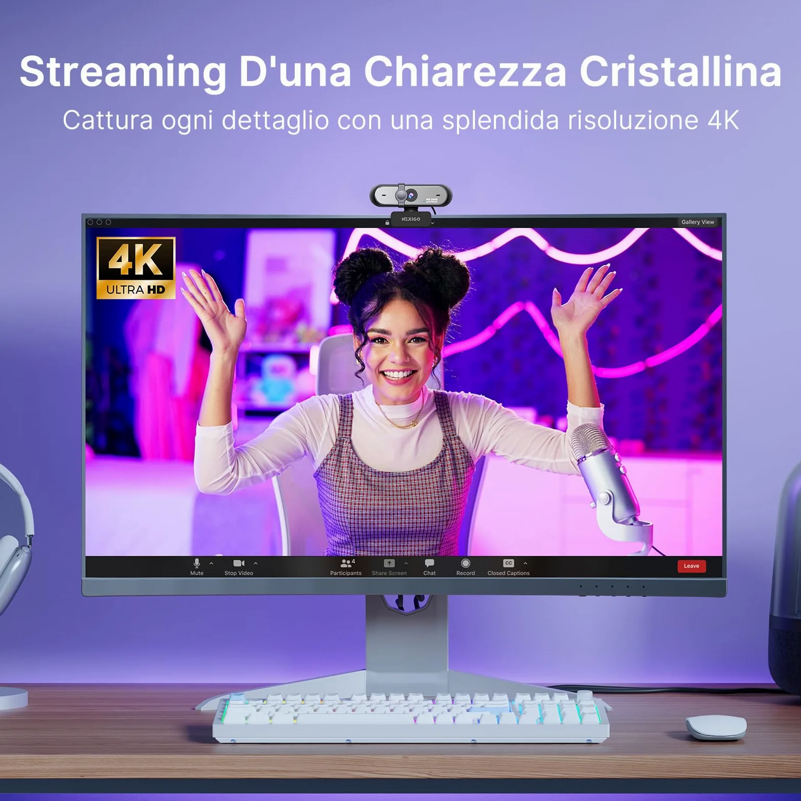 NexiGo N660P Pro Webcam 4K Con Lente Senza Distorsione, 1080P 60 FPS Autofocus, 3DNR, Microfoni Riduzione Rumore E Copertura Privacy, Webcam Gaming Streaming PC Mac Switch 2, Nero