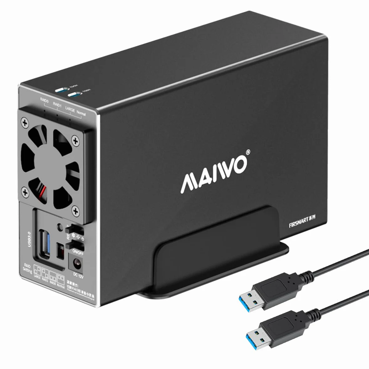 MAIWO Enclosure RAID per disco rigido a doppia baia con ventola di raffreddamento per SSD SATA da 2,5/3,5", alloggiamento HDD USB 3.0 da 5 Gbps, capacità 48 TB, RAID 0/1/JBOD/PM, custodia in alluminio