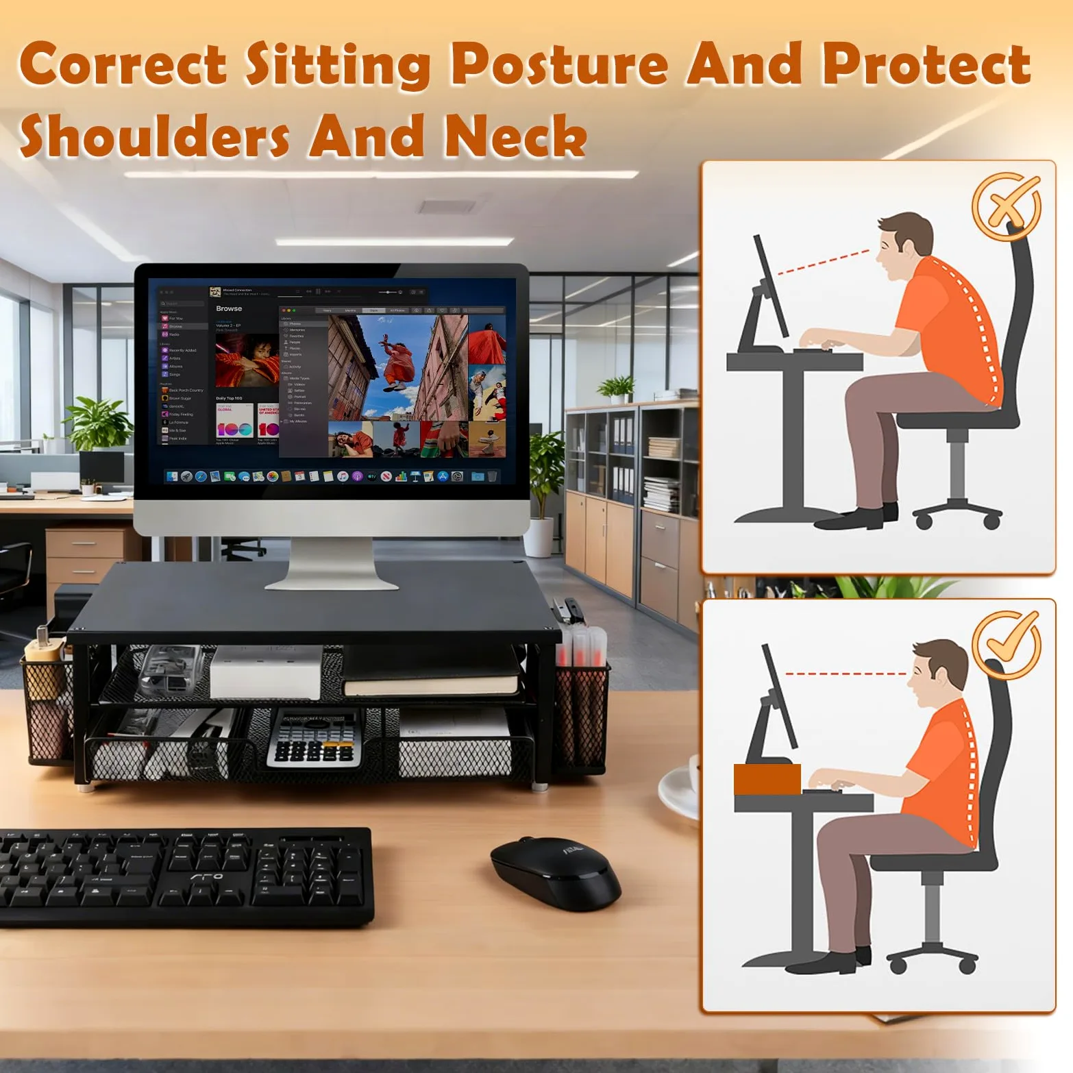 Supporto per monitor regolabile in altezza con portapenne, organizer da ufficio in metallo robusto, ripiano da scrivania per laptop, tastiera, monitor, spazio per accessori da ufficio