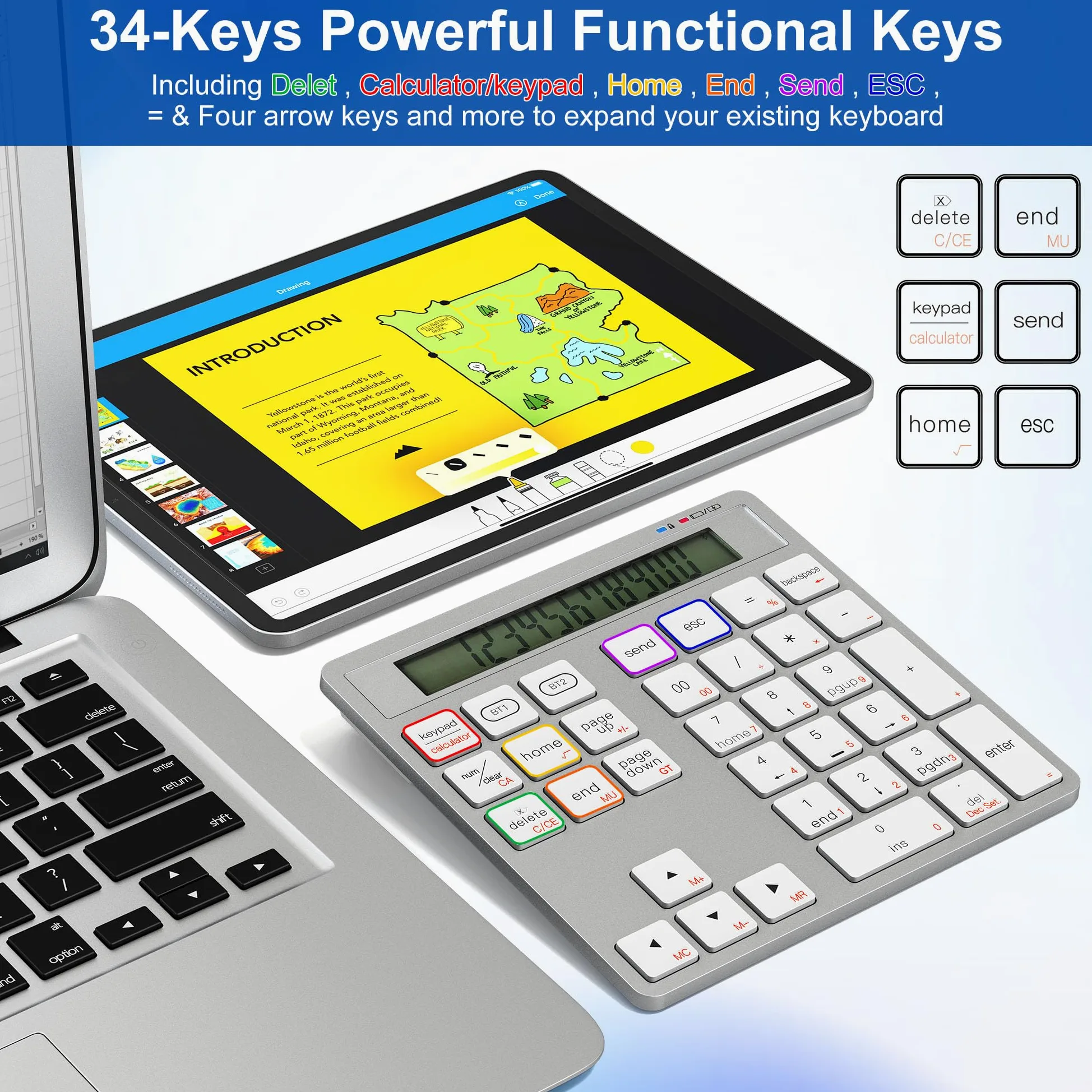 Rytaki Pro ​​Tastierino Numerico Wireless con Calcolatrice - 34 Tasti Tastierino Numerico Bluetooth per mac/PC/Laptop/MacBook/Windows/iOS e Android​（Ricarica USB-C）