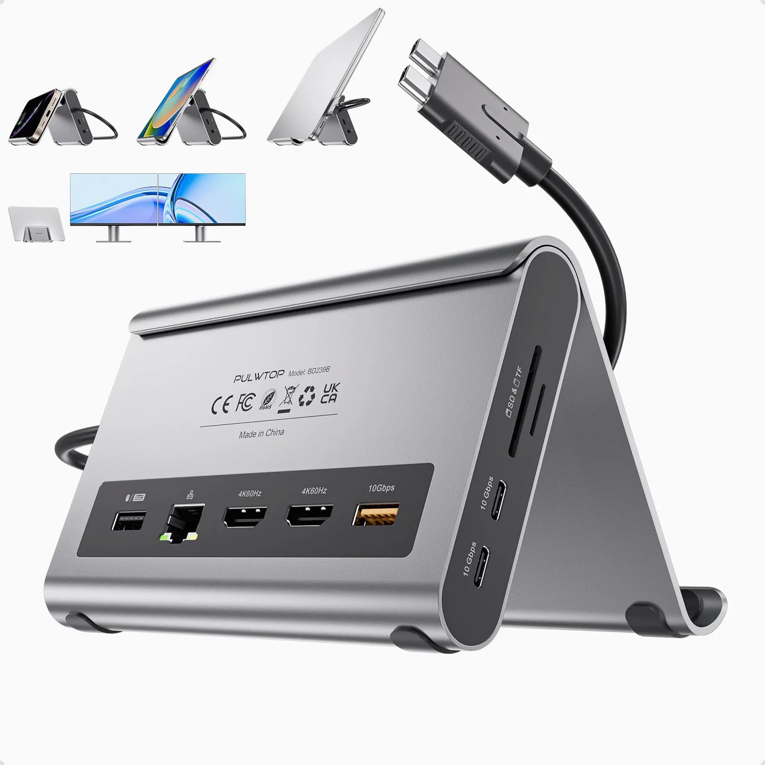 MacBook Docking Station Dual Monitor 4K@60 Hz per MacBook Pro/Air M3 Pro/M4/M5 Pro/Max, Docking Station USB C per laptop con 2 HDMI, PD, Ethernet, USB A/C 10 Gbps, audio, SD/TF, USB 2.0