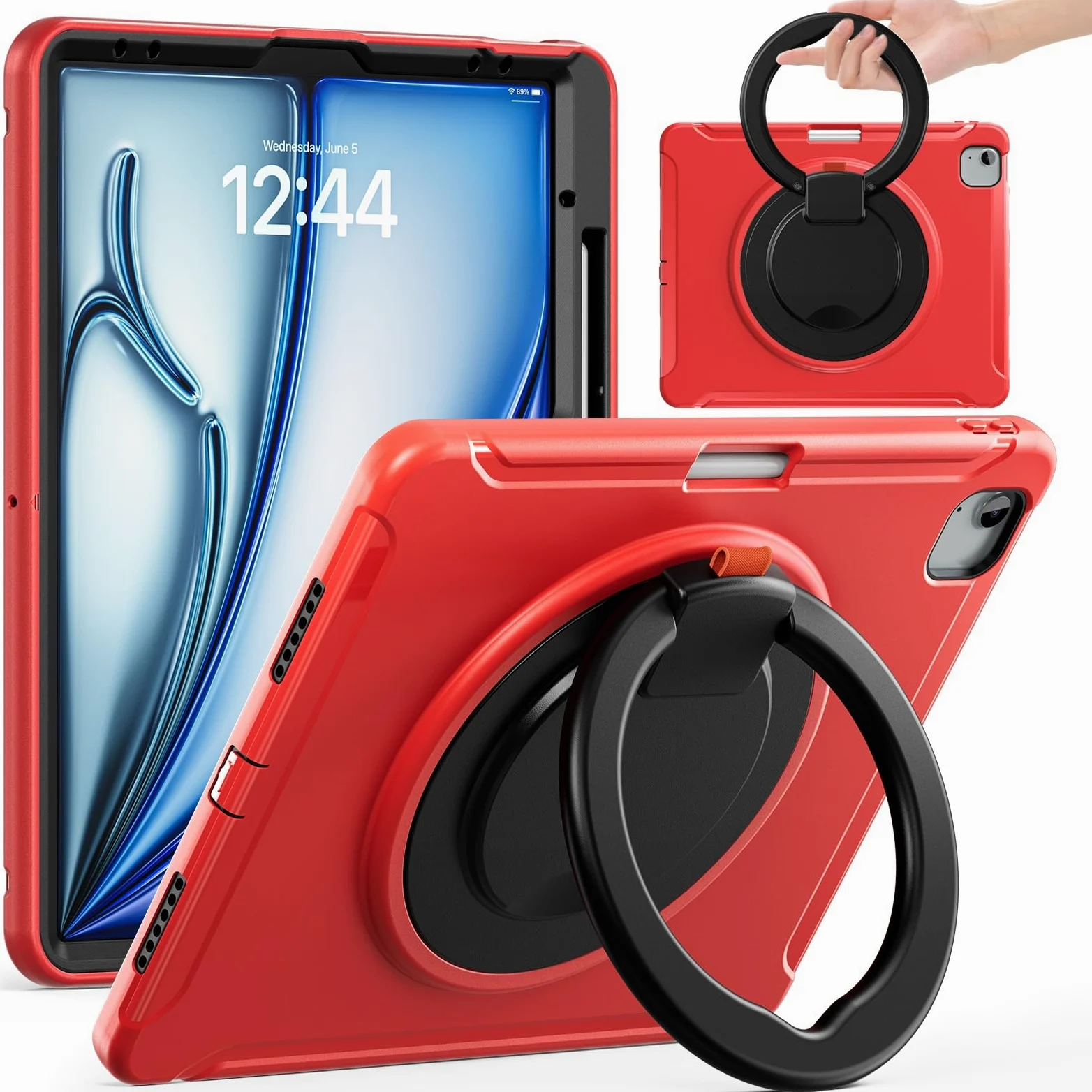 Custodia protettiva per tablet robusta per iPad Air 13 pollici, custodia protettiva robusta ibrida con impugnatura, supporto girevole (rosso)
