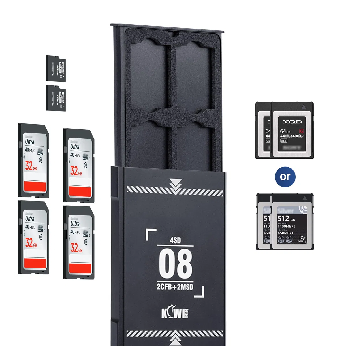 KIWIFOTOS Custodia per schede di memoria estraibile, in alluminio, con 8 scomparti, porta schede Micro SD, 4 schede SD e 2 CF Express Type-B o XQD e 2 micro SD
