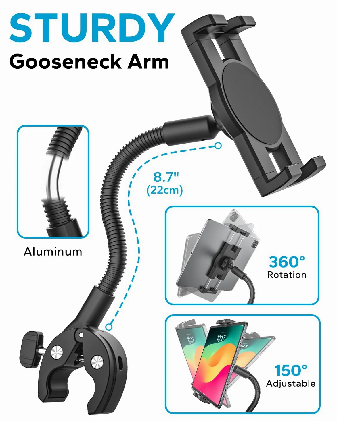 GDZN Supporto Tablet Collo dOca per Sedia a rotelle, Passeggino, Cyclette, Spin Bike, Tapis roulant, Barca, Bicicletta Manubrio per iPad Pro 12.9, Mini Air, Galaxy Tab, Lenovo 4.7-13" Tablet Cellulare