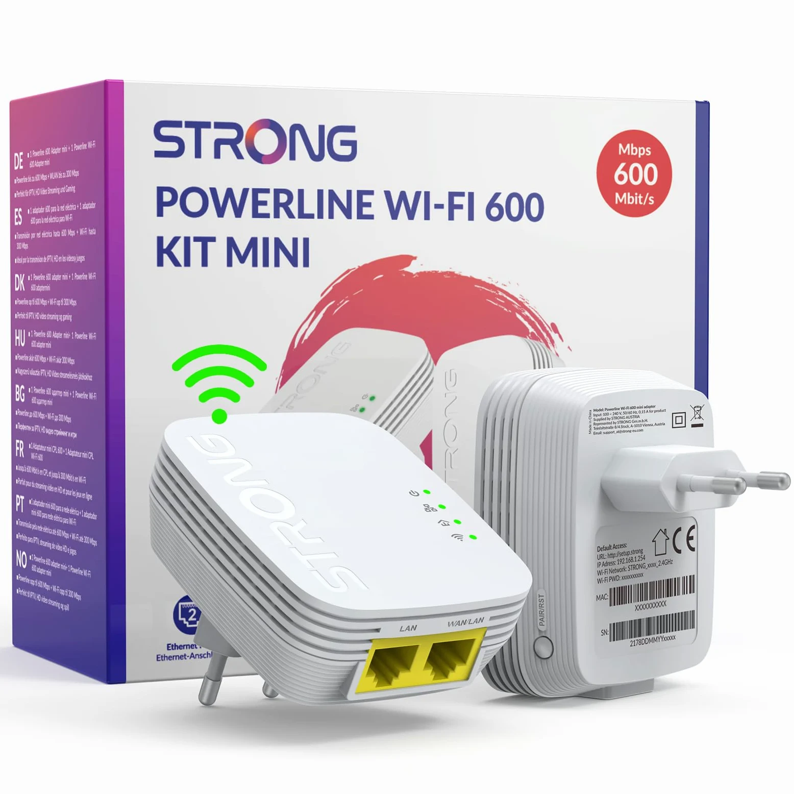 STRONG - Powerline Wifi 600 Duo Mini - 2 Adattatori 600 Mbps/Wifi 300 Mbps - Compatibile con Tutti i Modem/Router - Ethernet - Installazione rapida - Bianco