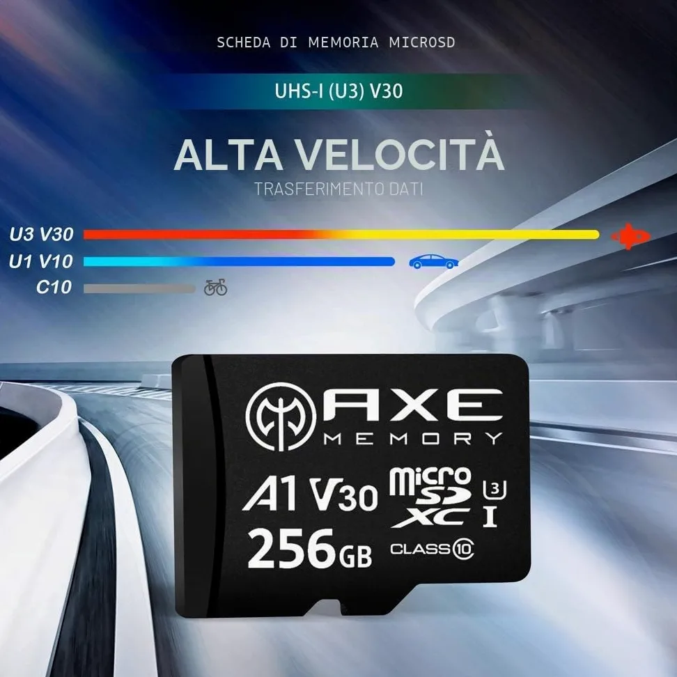 AXE MEMORY Scheda Micro SD 256 GB, Memoria MicroSDXC per Nintendo-Switch, GoPro, Drone, Smartphone, Tablet, 4K Ultra HD, A1 UHS-I U3 V30 C10, Lettura Fino a 95 MB/s, con Adattatore SD