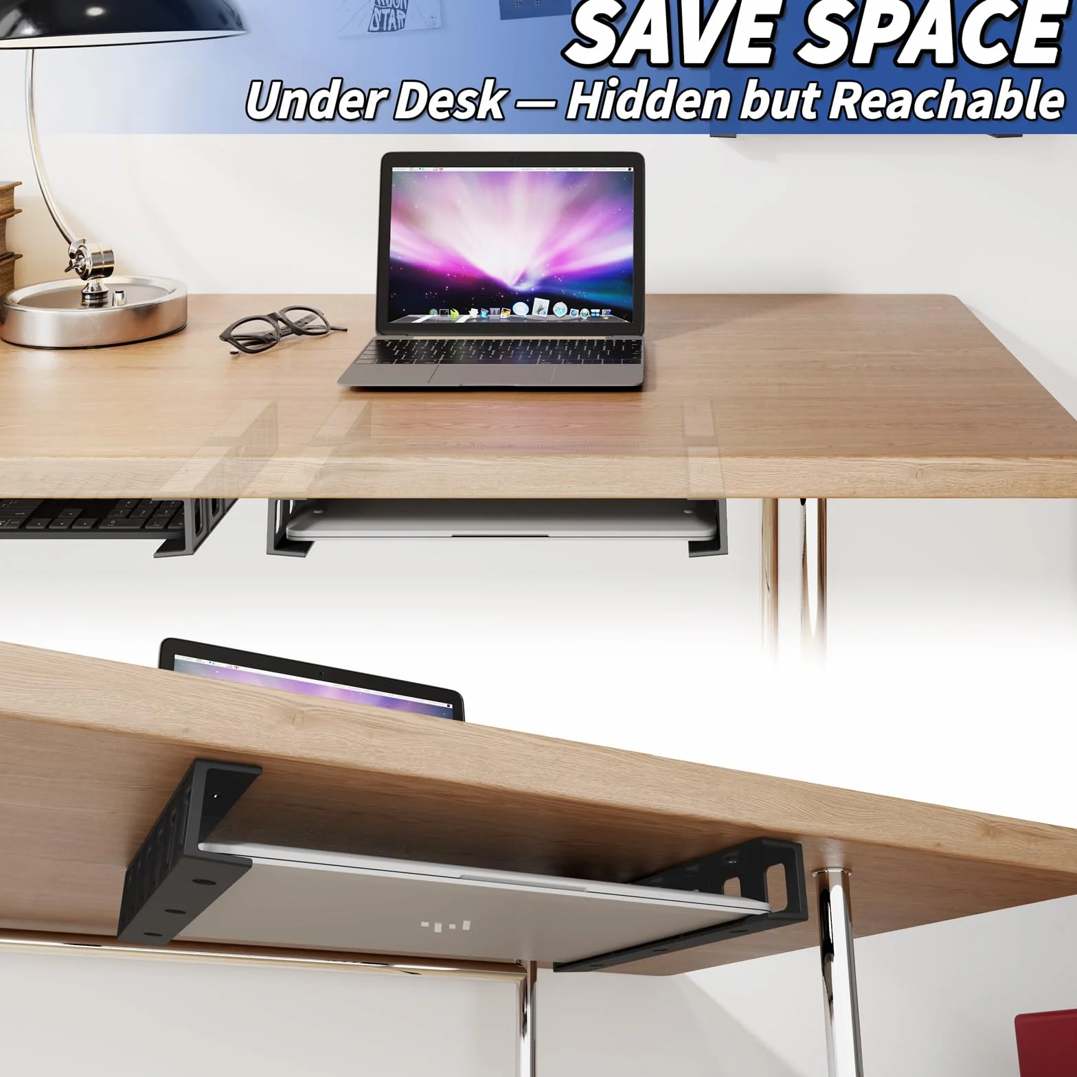 sciuU Supporto Sotto Scrivania/da Parete, Portaoggetti Multifunzione per Laptop, Tablet, Tastiere, Modem, TV Box, Organizer Salvaspazio per Scrivania e Parete, per Dispositivi < 4 cm