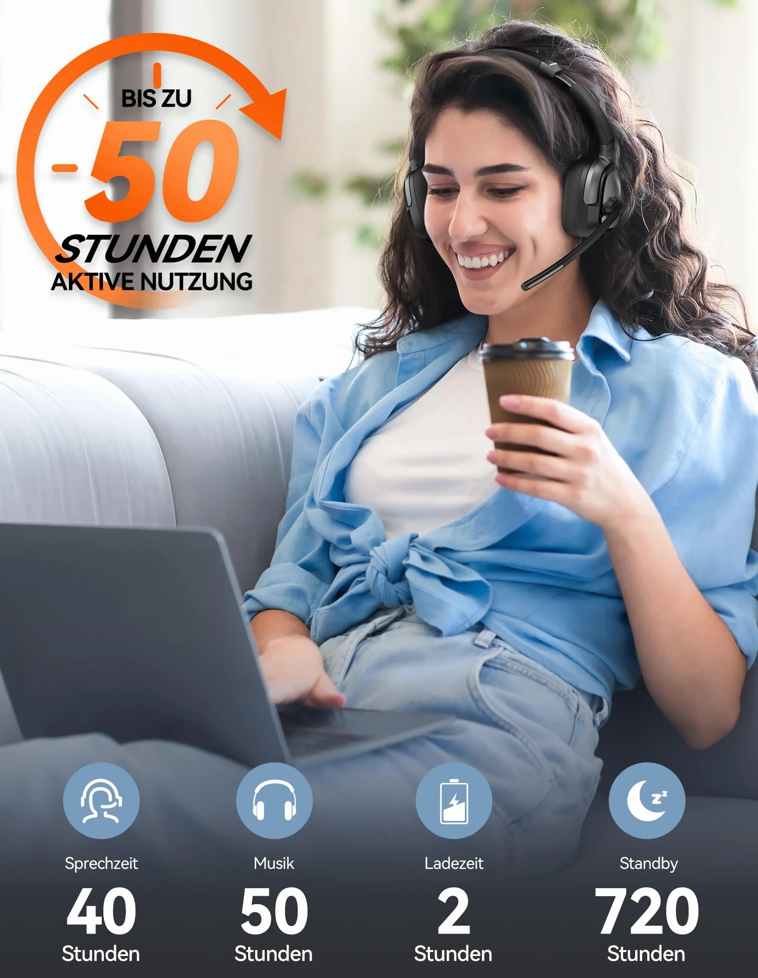 TECKNET Cuffie Bluetooth con Microfono, 50+ Ore Autonomia, Cancellazione Rumore, Doppia Modalità (Bluetooth/USB-A) Cuffie con microfono per PC, telefoni, lavoro a distanza e videoconferenze