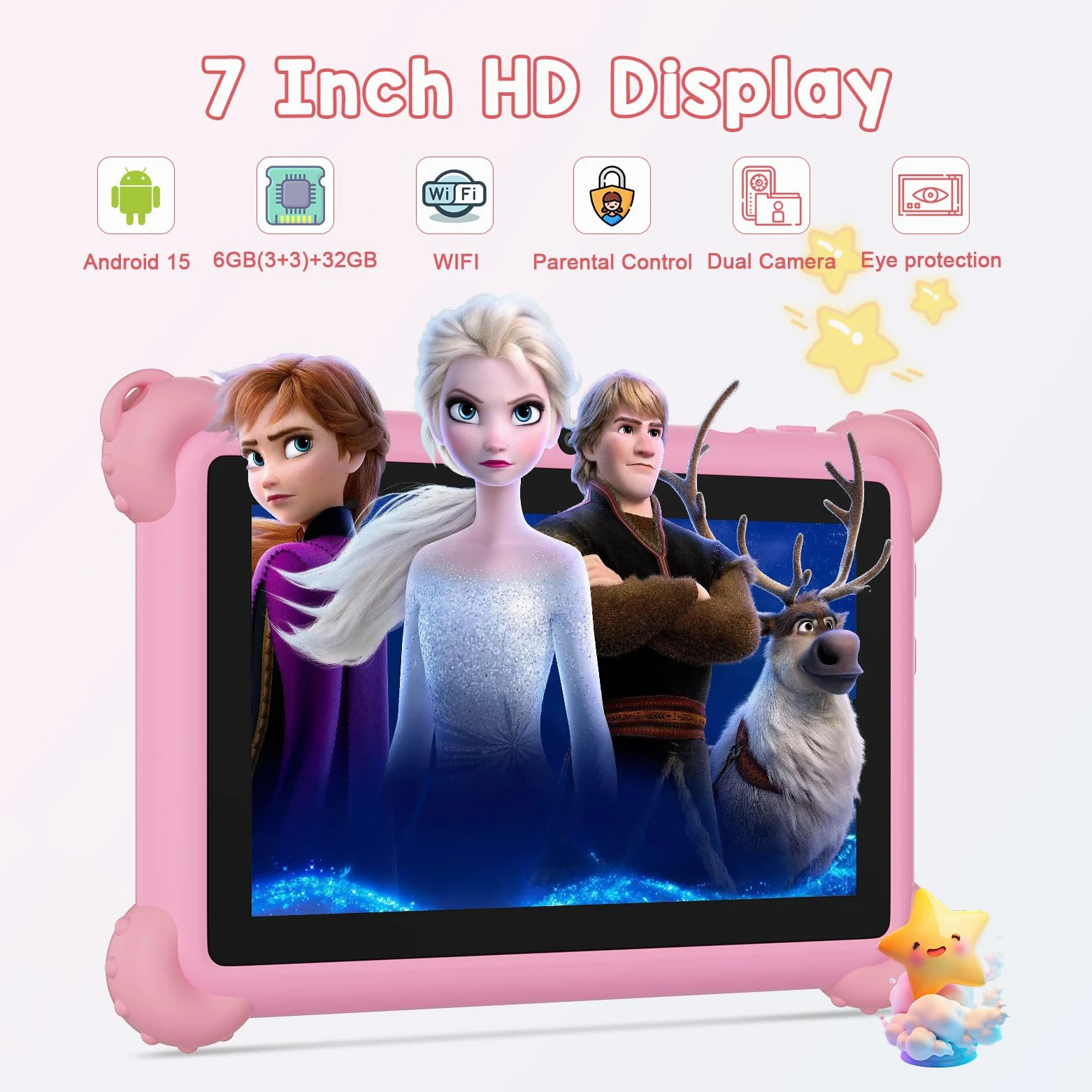 C idea Tablet per bambini Android 15, schermo 7 pollici 1024 x 600, 6 GB (3+3) di RAM + 32 GB di ROM, batteria 2500 mAh, applicazioni per bambini preinstallate, compatibile WiFi e Bluetooth (rosa)