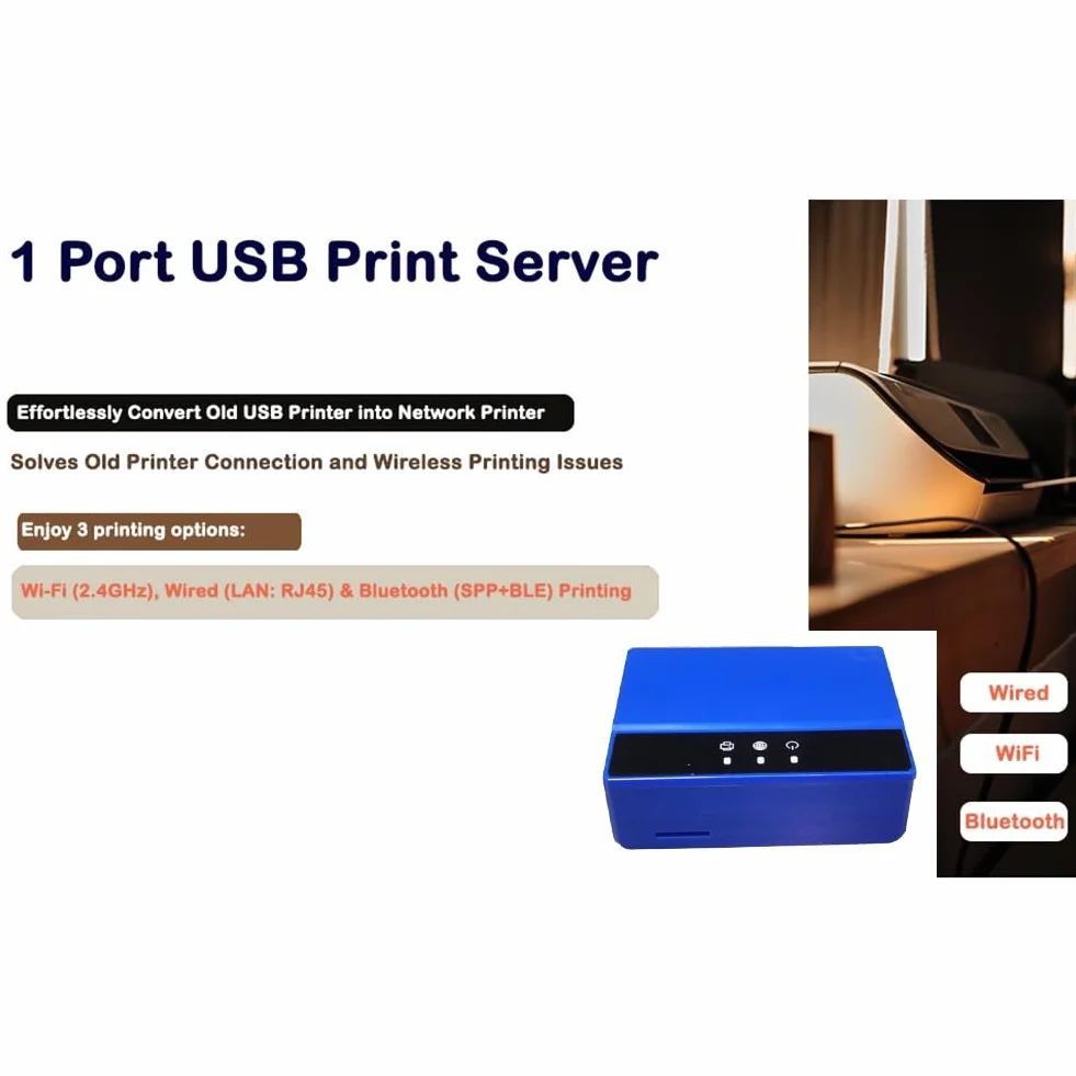 Server di stampa Bluetooth Ethernet WiFi, trasforma la stampante USB in una stampante wireless. Spina UE