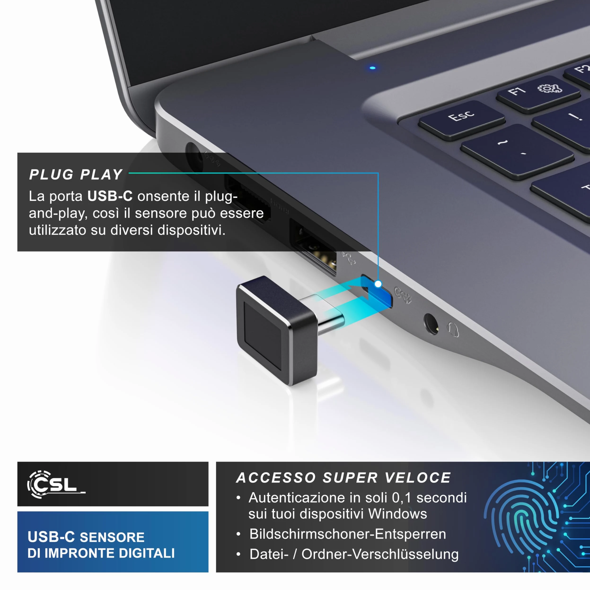 CSL - Chiavetta USB-C con Lettore di Impronte Digitali, Lettore di Impronte digitali USB per Windows10/11, Supporta Fino a 10 ID, Plug & Play, Riconoscimento a 360°, Accesso Biometrico per Laptop