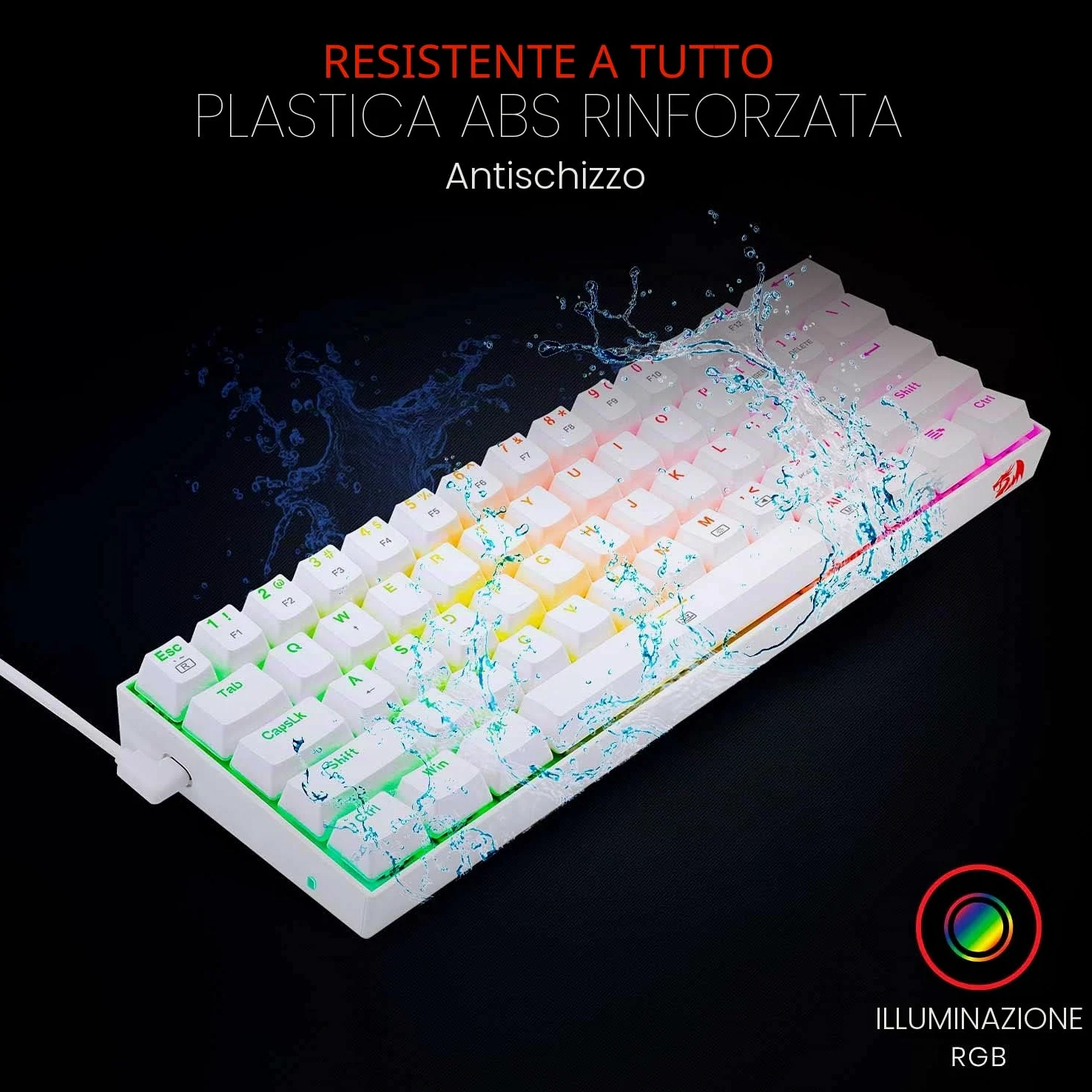 Redragon - K630 Dragonborn Bianca, Tastiera meccanica gaming 60%, compatta, 61 tasti, tastiera gamer TKL per giochi, tasti marroni, illuminazione RGB