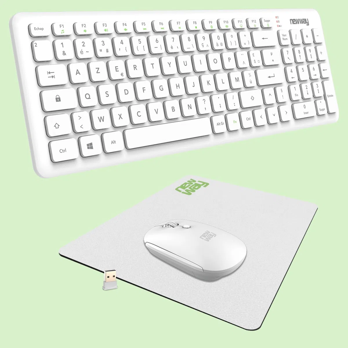 NEWWAY – Pack RF01 Tastiera Mouse Wireless con Tappetino – Tastiera AZERTY 97 Tasti 13 Scorciatoie – Mouse WiFi 2.4 GHz 4 Tasti – Ricevitore USB – Bianco