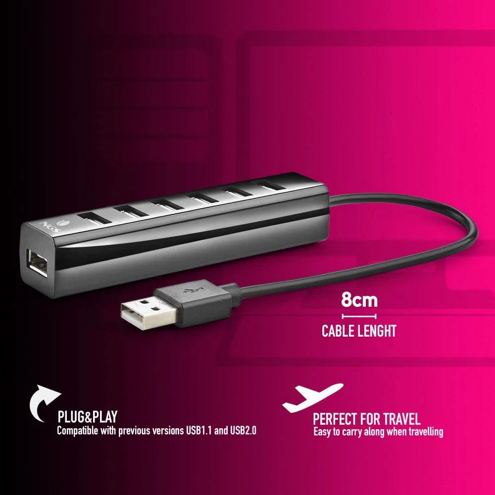NGS IHUB7 TINY - Hub USB 2.0 con 7 Porte e Adattatore di Alimentazione da 5V/1A, Compatibilità Universale, "Plug and Play"