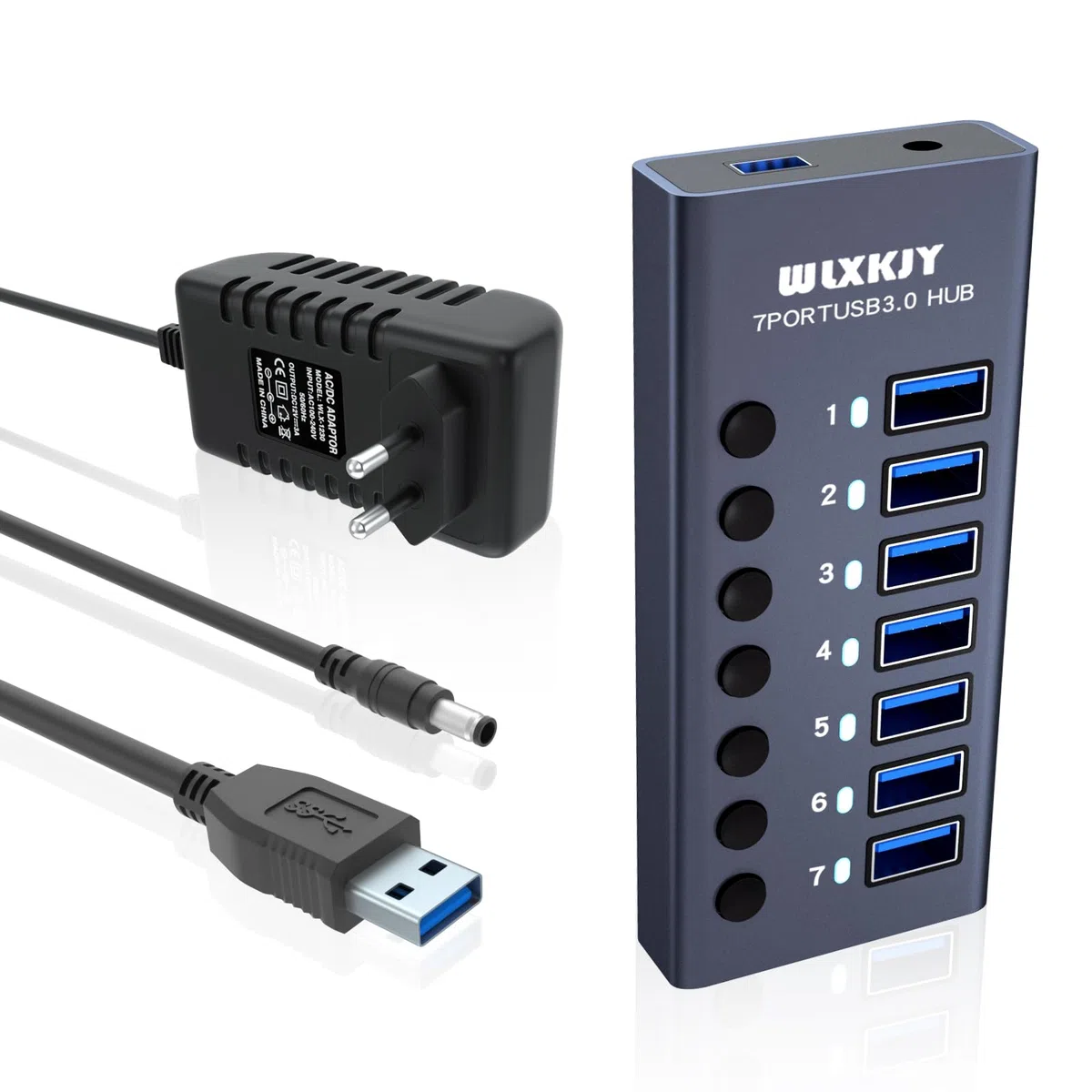 Hub USB 3.0 in alluminio, hub USB attivo - 7 porte USB 3.0 SuperSpeed, interruttori individuali e alimentatore da 36 W (12 V/3 A) per MacBook/MacBook Air/MacBook PRO