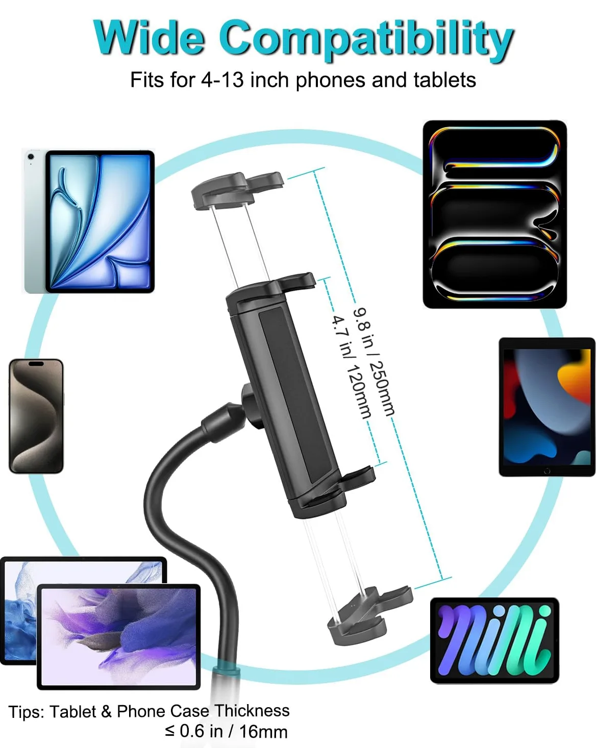 Collo Oca Supporto per Tablet Cyclette, Dosvsi Porta Tablet Tapis Roulant, Regolabile 360° Supporto Bici Manubrio per iPad Pro 12.9 Air Mini, iPad 10.9", Galaxy Tab S A, 4"~13" Tablet & Telefono