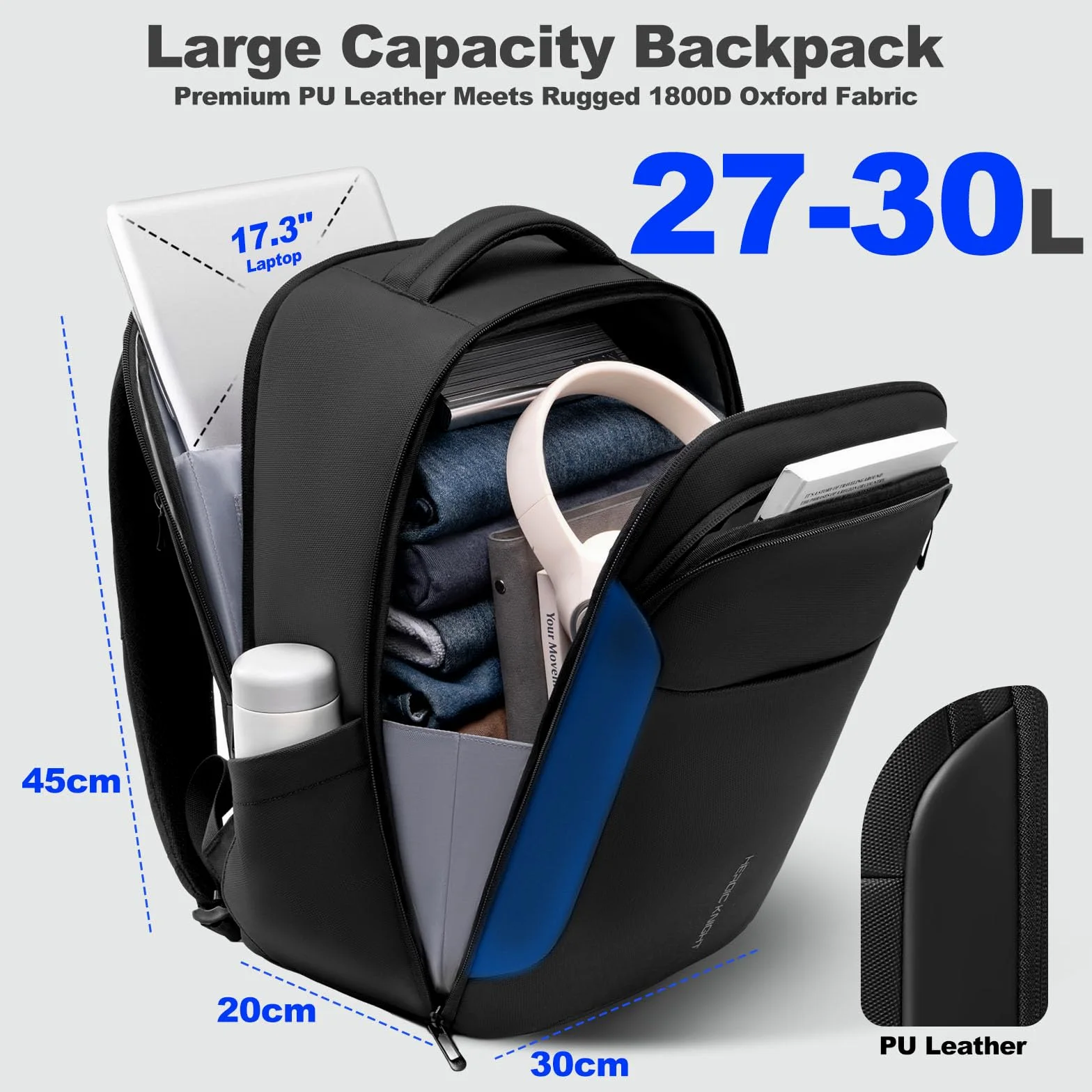 30L Zaino Viaggio Cabina Aereo 40x30x20 per 17.3''Laptop | Zaino Business Uomo con USB A&C, Zaino Porta PC Computer Impermeabile Antifurto per Lavoro Ufficio Università, Nero