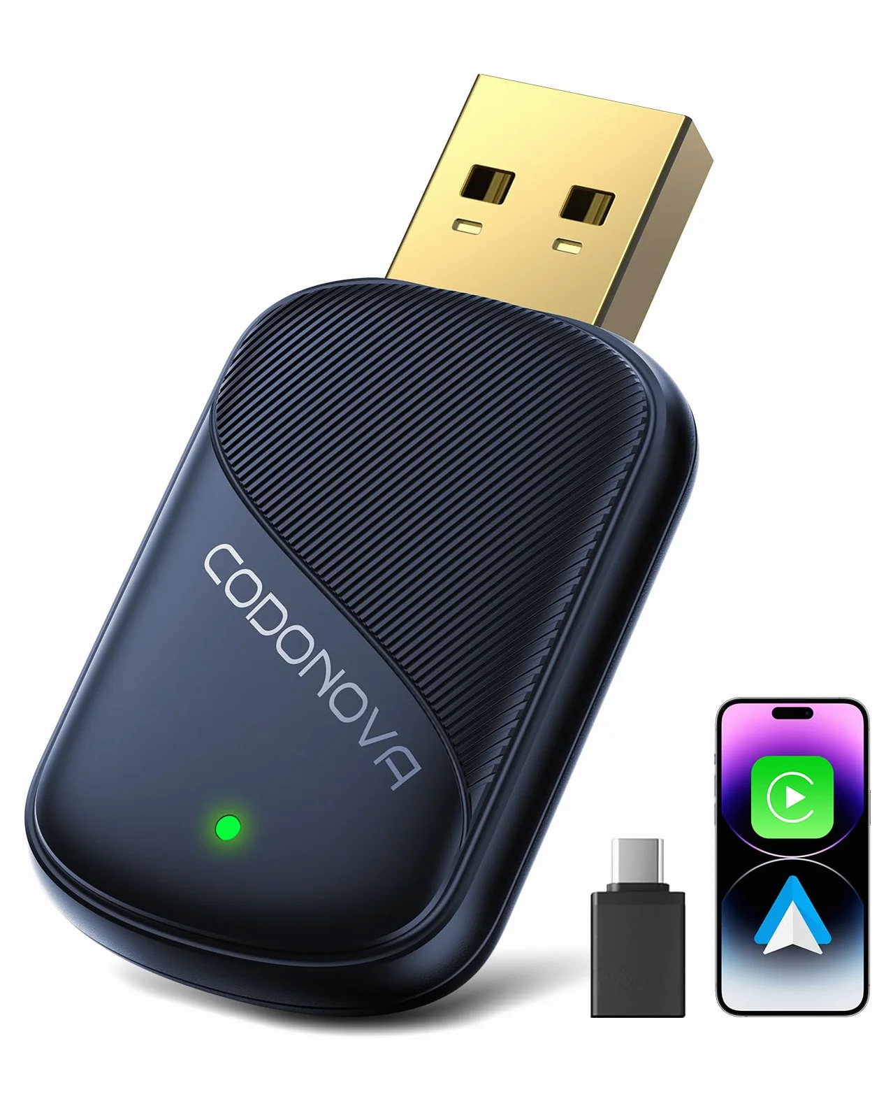 Mini Adattatore CarPlay Wireless per Apple CarPlay e Android Auto, Convertitore CarPlay Cablato, USB A/C in Metallo, per iPhone iOS 10+ e Android 10+, per Viaggi Lunghi e Uso Quotidiano, Blu